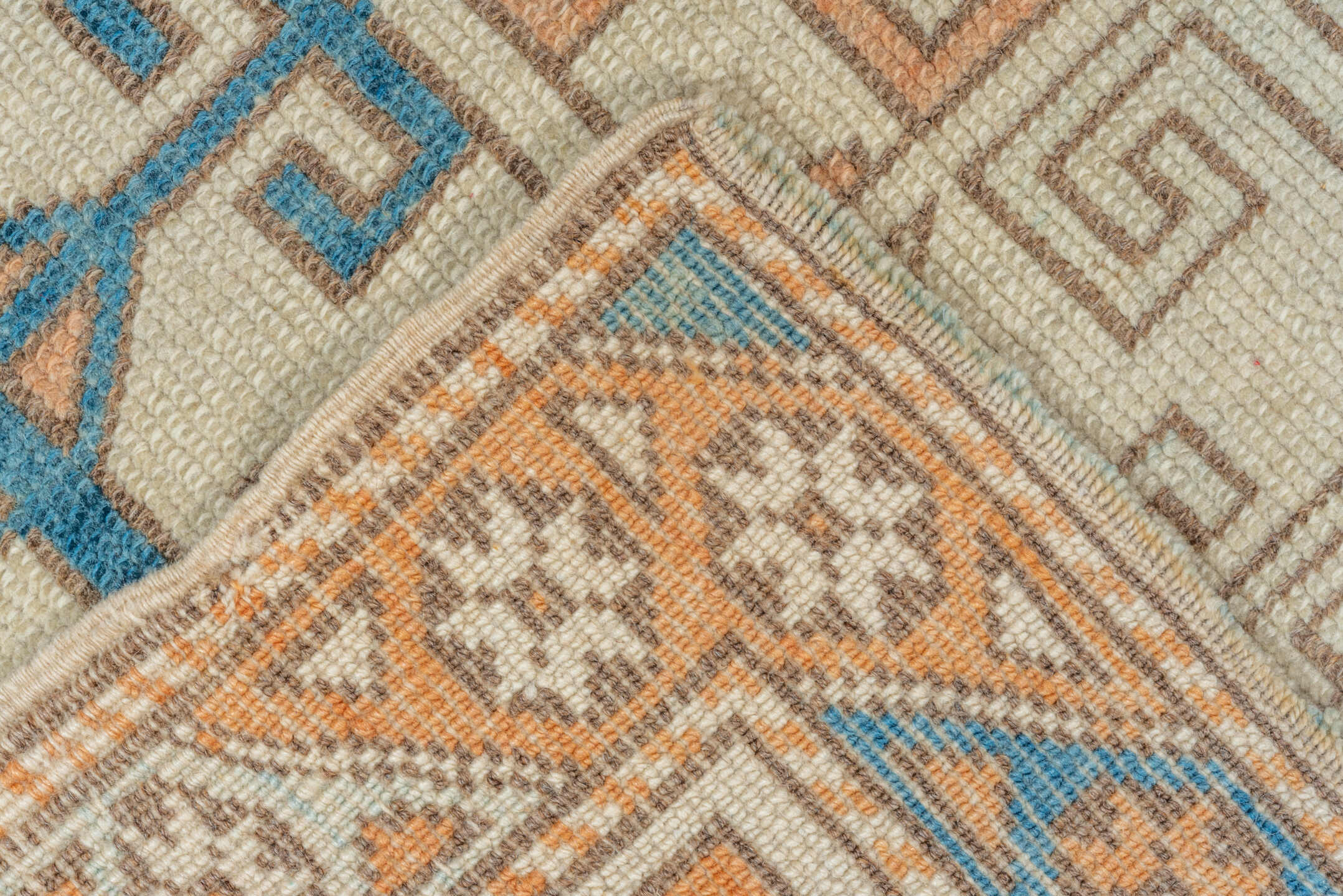 3' x 4' one-of-a-kind handmade vintage Oushak small size rug. Color palette: blue, brown, gray, light gray, off-white