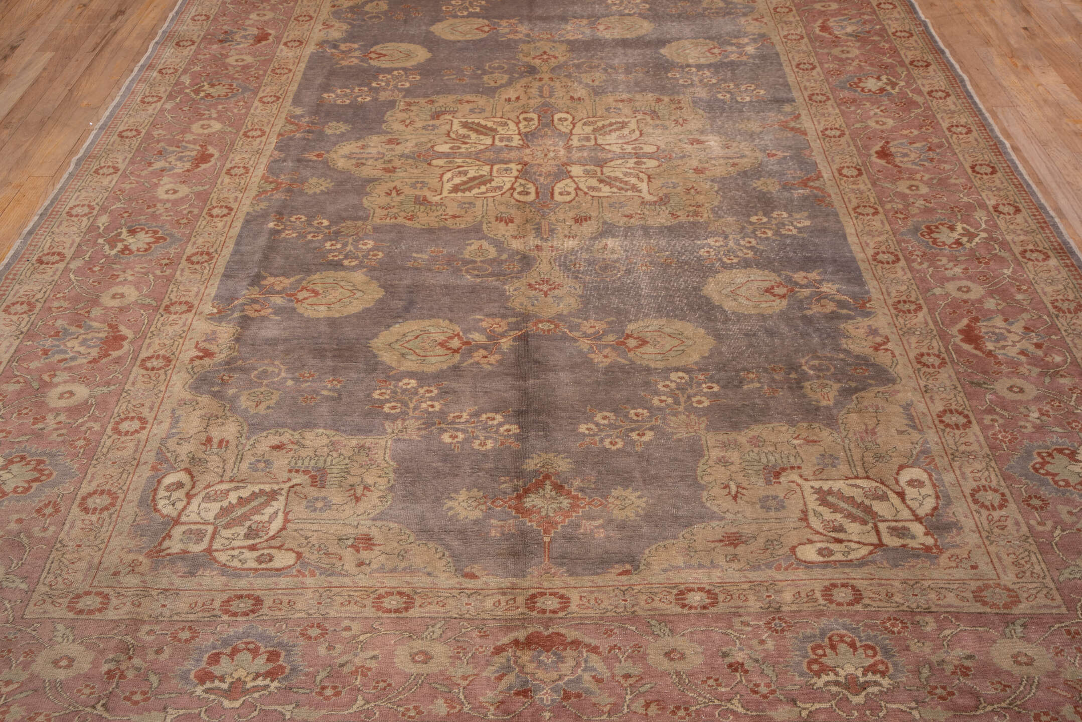 8' x 11' one-of-a-kind handmade vintage Oushak large size rug. Color palette: brown, gray, off-white, orange, pink, snow
