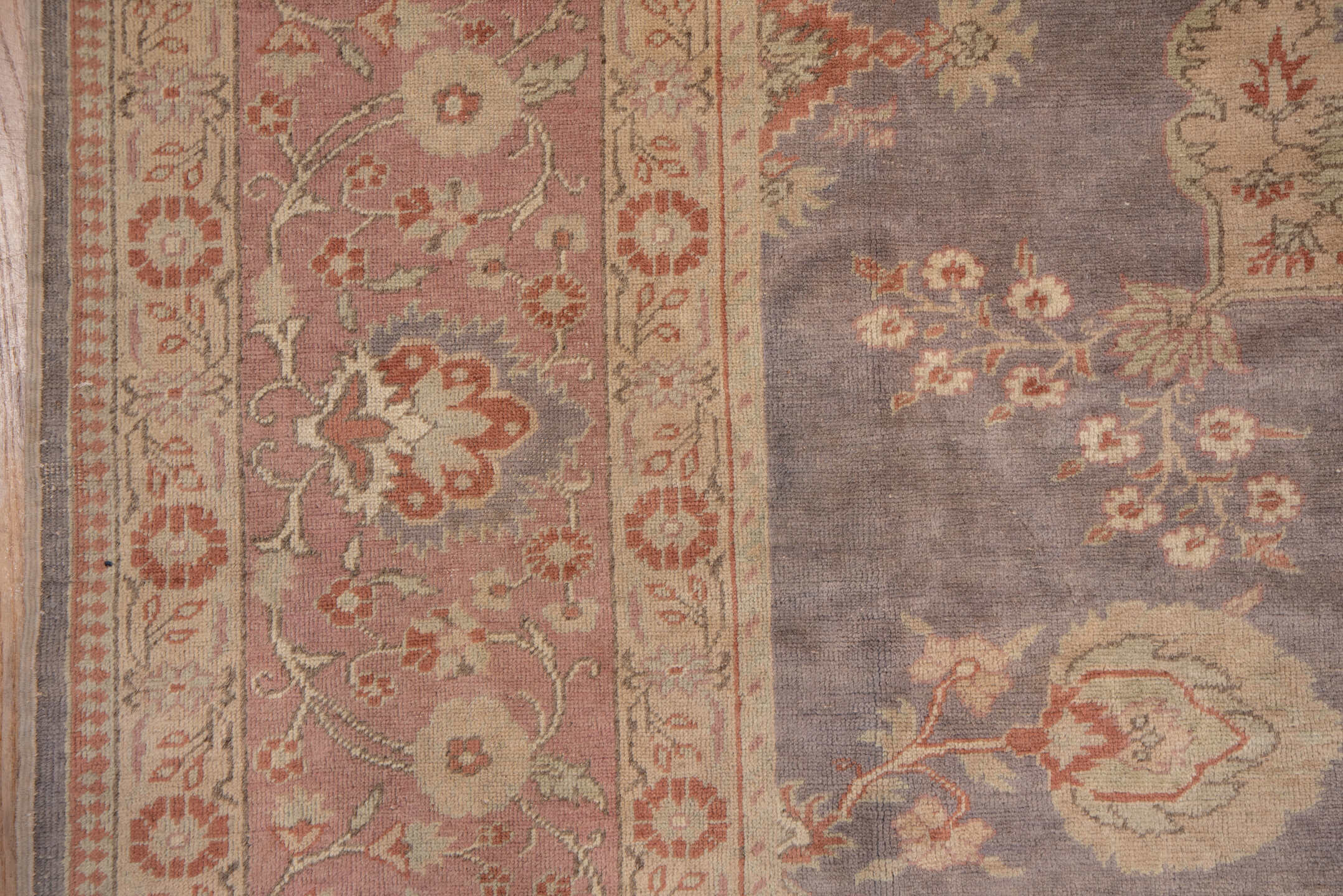 8' x 11' one-of-a-kind handmade vintage Oushak large size rug. Color palette: rose, lavender, ivory, taupe, terra cotta