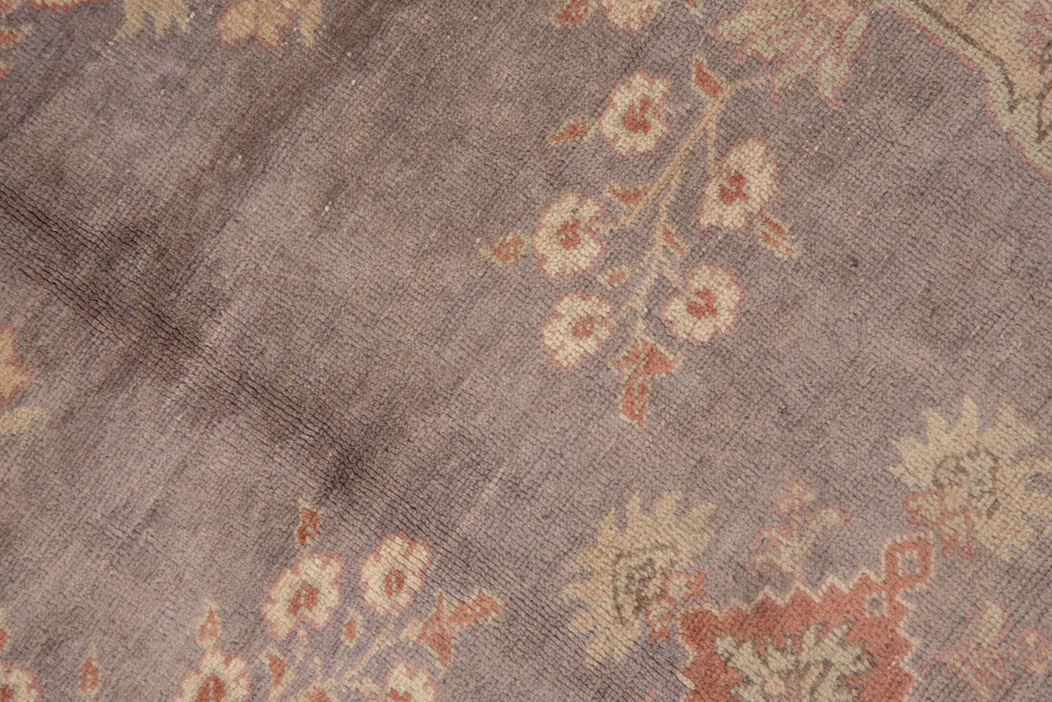 8' x 11' one-of-a-kind handmade vintage Oushak large size rug. Color palette: brown, gray, off-white, orange, pink, snow