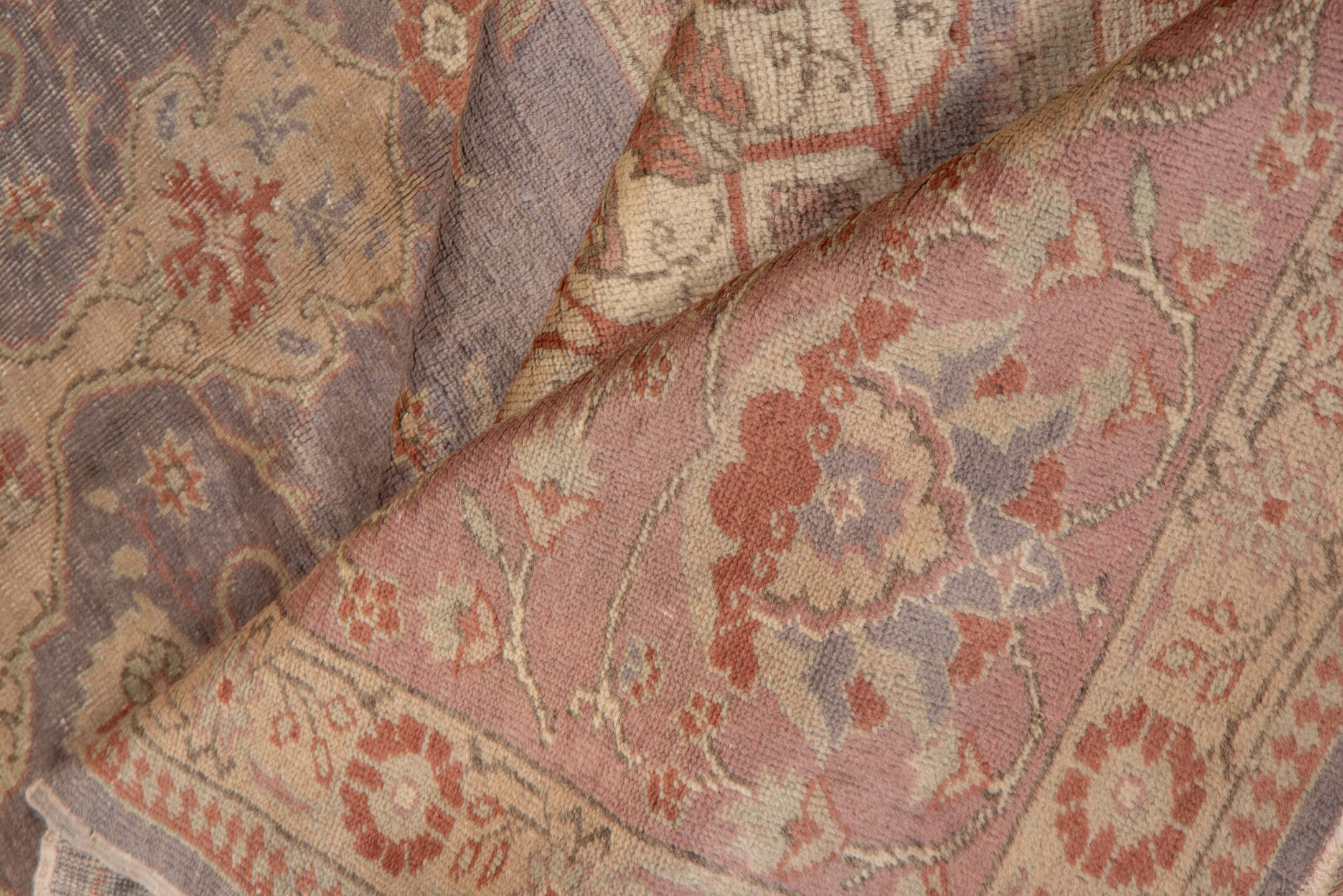 8' x 11' one-of-a-kind handmade vintage Oushak large size rug. Color palette: rose, lavender, ivory, taupe, terra cotta