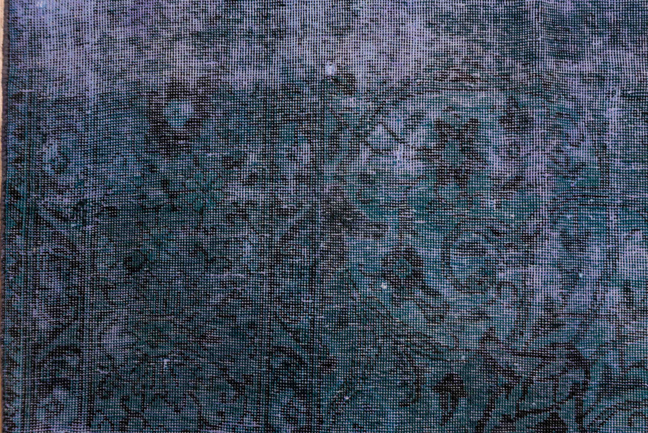 9' x 12' one-of-a-kind handmade vintage Overdyed large size rug. Color palette: blue, teal, slate, indigo, charcoal