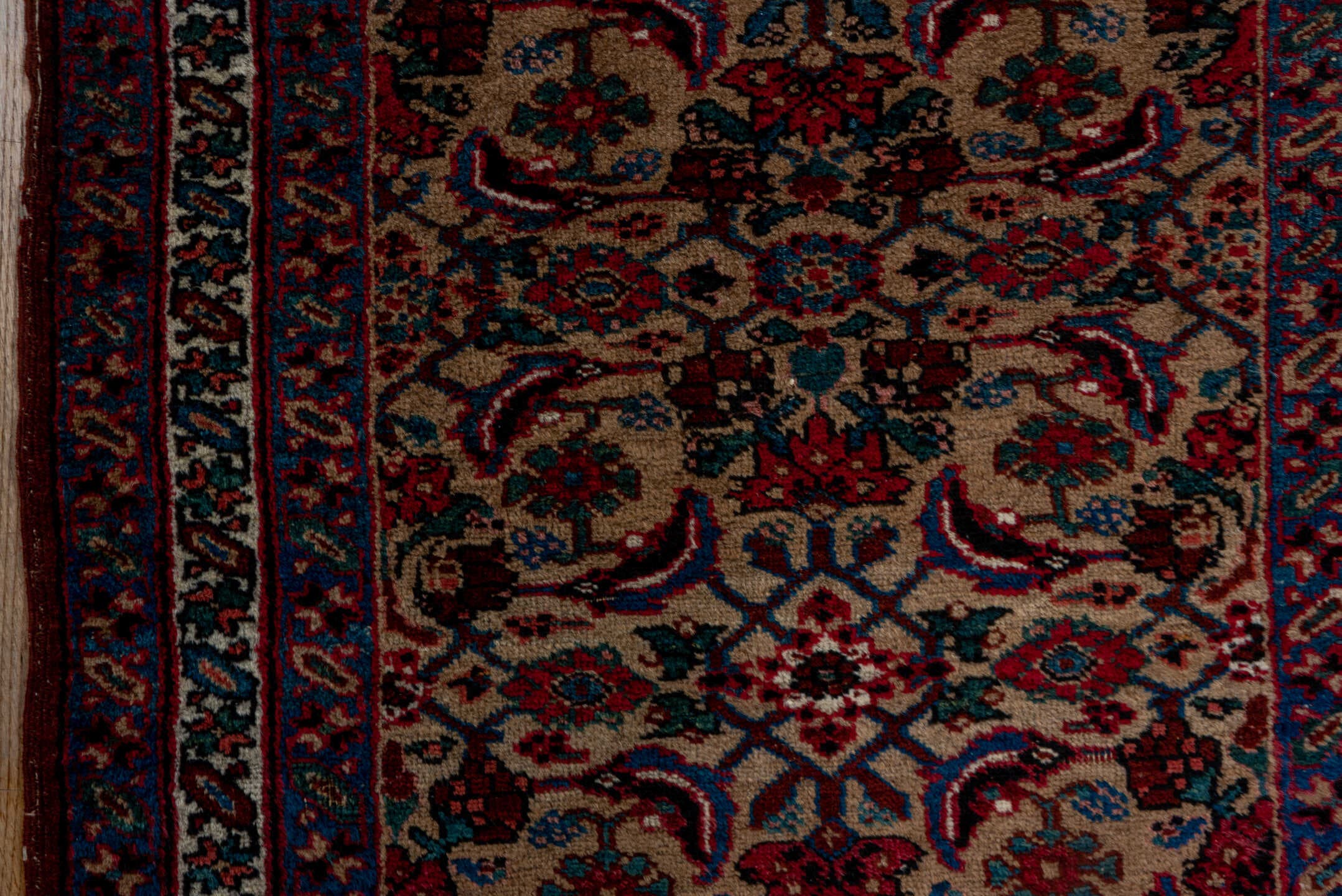 3' x 14' one-of-a-kind handmade vintage Sarab runner rug. Color palette: ivory, navy, rust, crimson, sky_blue, brown, blue