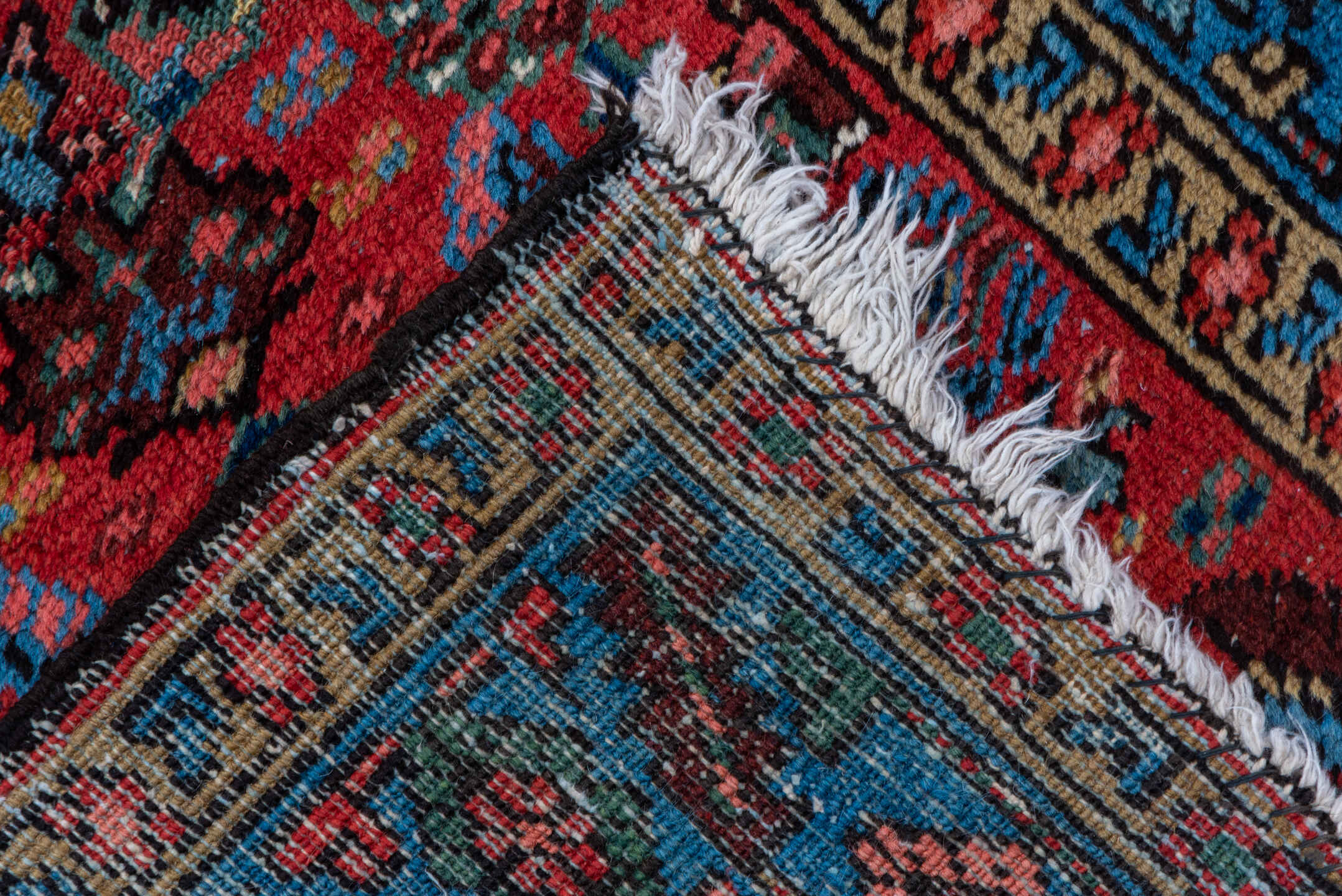 2' x 13' one-of-a-kind handmade vintage Heriz runner rug. Color palette: red, blue, navy, ivory, rust, gold, charcoal