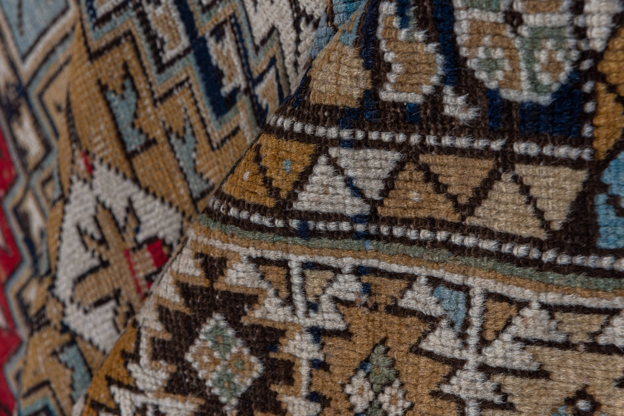 3' x 6' one-of-a-kind handmade vintage Shirvan small size rug. Color palette: taupe, camel, ivory, sky blue, crimson, navy