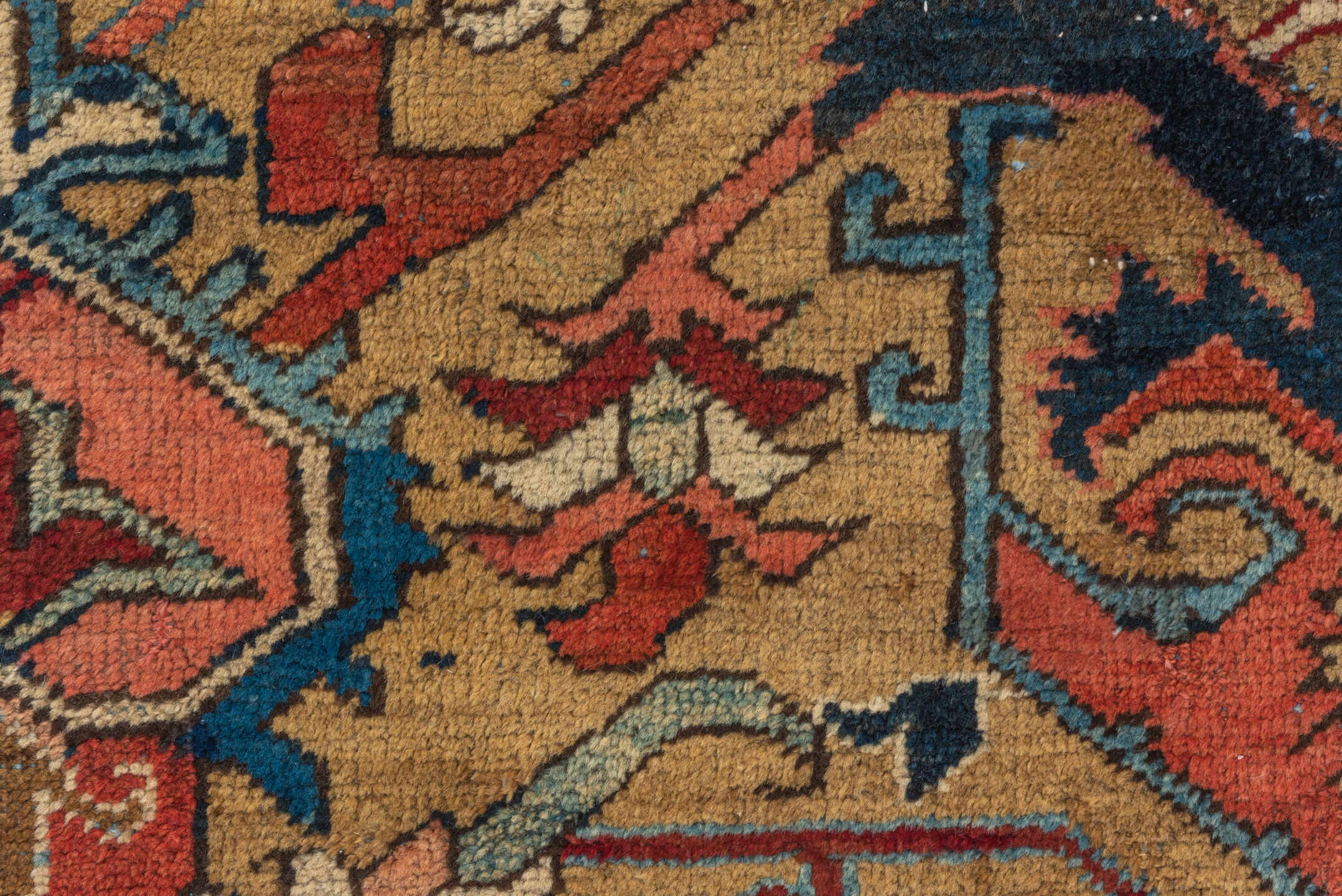 11' x 13' one-of-a-kind handmade vintage Heriz oversize rug. Color palette: blue, brown, dim gray, gray, maroon, red