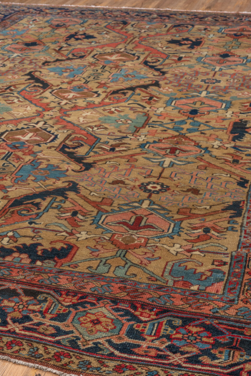 11' x 13' one-of-a-kind handmade vintage Heriz oversize rug. Color palette: blue, brown, dim gray, gray, maroon, red