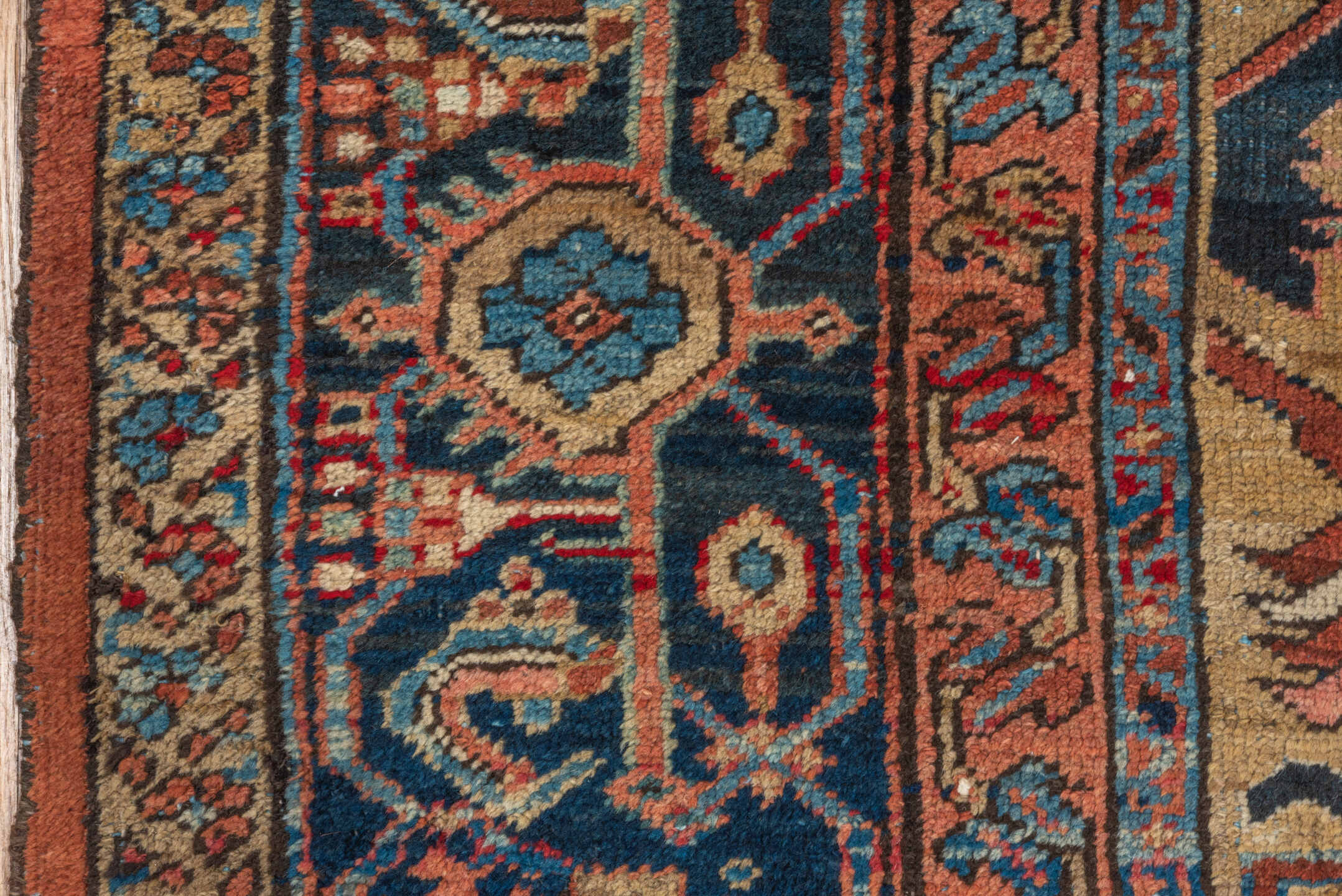 11' x 13' one-of-a-kind handmade vintage Heriz oversize rug. Color palette: blue, brown, dim gray, gray, maroon, red