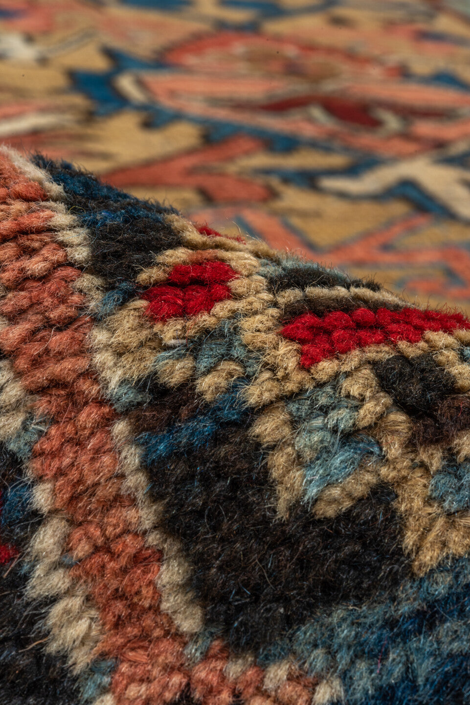 11' x 13' one-of-a-kind handmade vintage Heriz oversize rug. Color palette: blue, brown, dim gray, gray, maroon, red