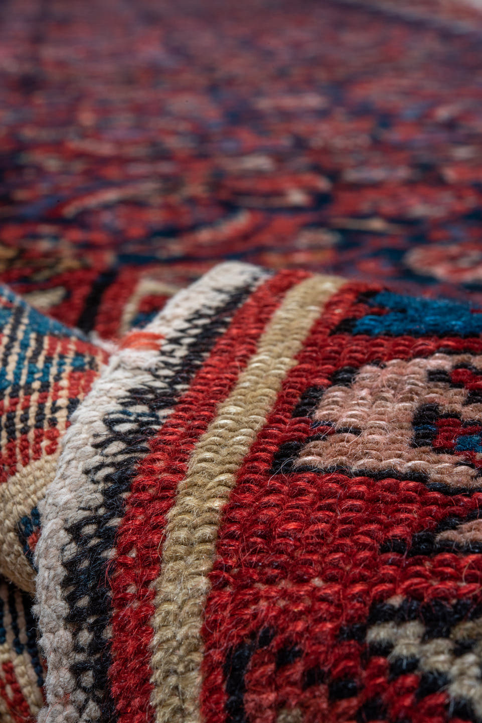 3' x 16' one-of-a-kind handmade vintage Malayer runner rug. Color palette: navy, rust, ivory, crimson, sky_blue, camel, blue