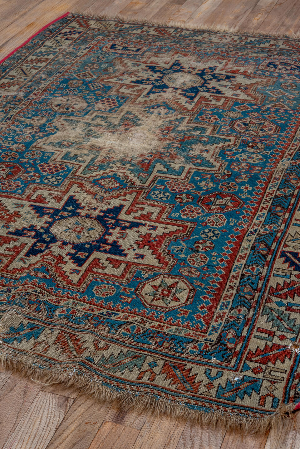 3' x 4' one-of-a-kind handmade vintage Shirvan small size rug. Color palette: ivory, turquoise, rust, navy, taupe, brown
