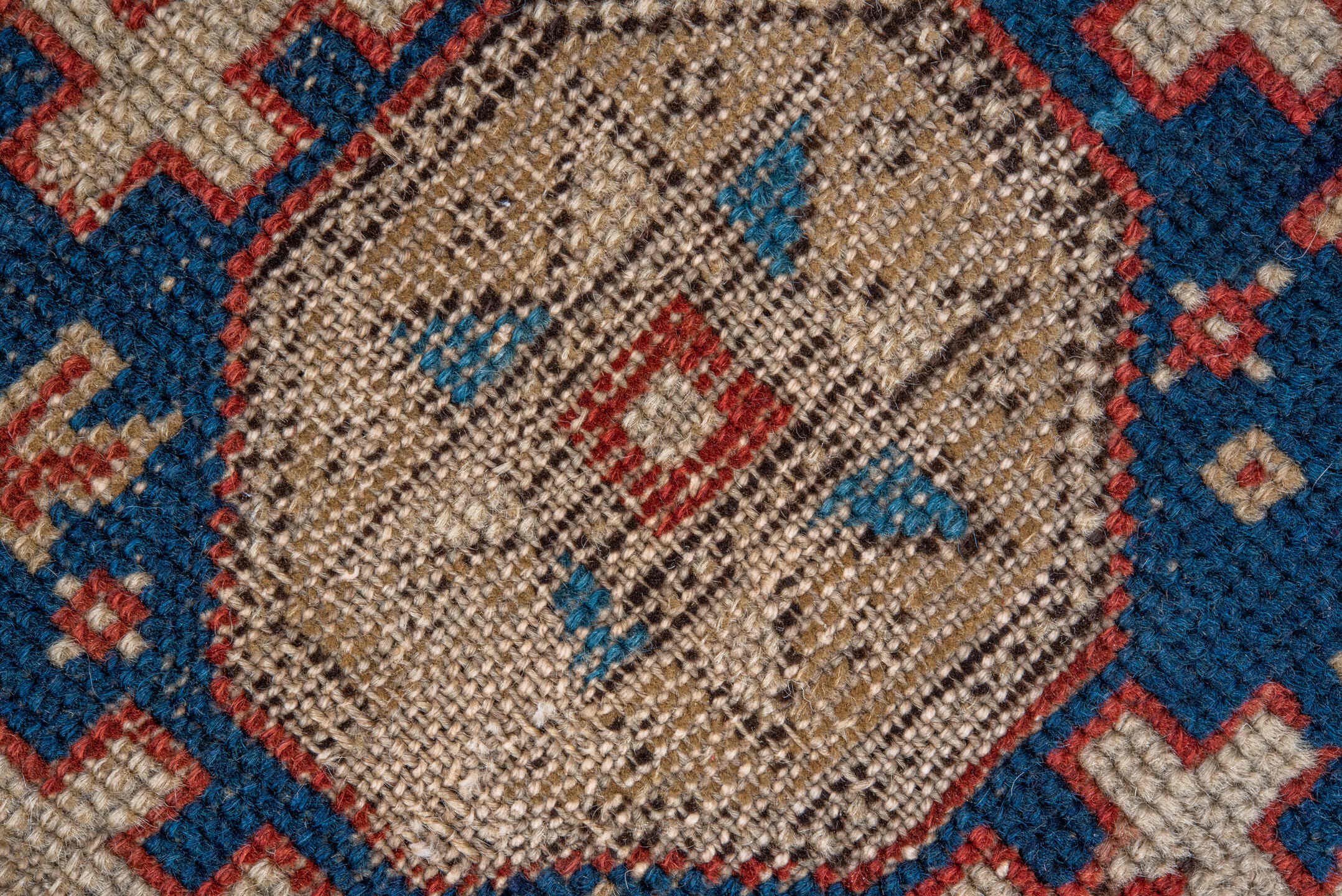 3' x 4' one-of-a-kind handmade vintage Shirvan small size rug. Color palette: ivory, turquoise, rust, navy, taupe, brown