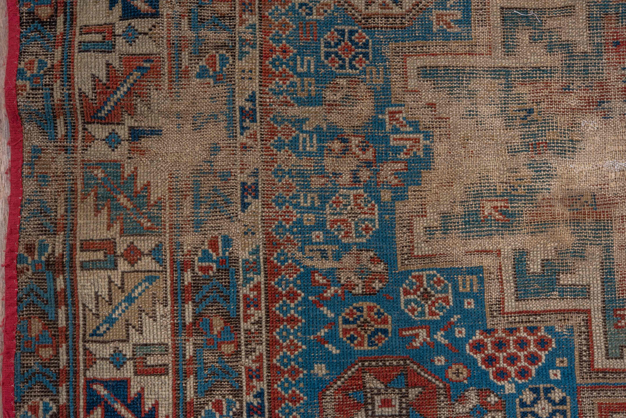 3' x 4' one-of-a-kind handmade vintage Shirvan small size rug. Color palette: ivory, turquoise, rust, navy, taupe, brown