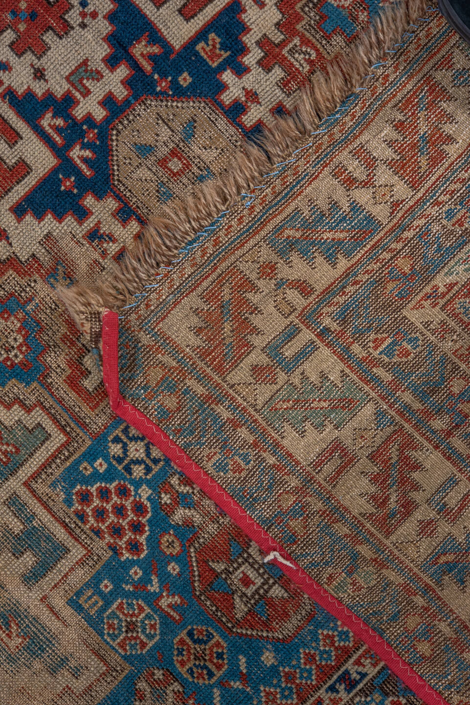 3' x 4' one-of-a-kind handmade vintage Shirvan small size rug. Color palette: ivory, turquoise, rust, navy, taupe, brown
