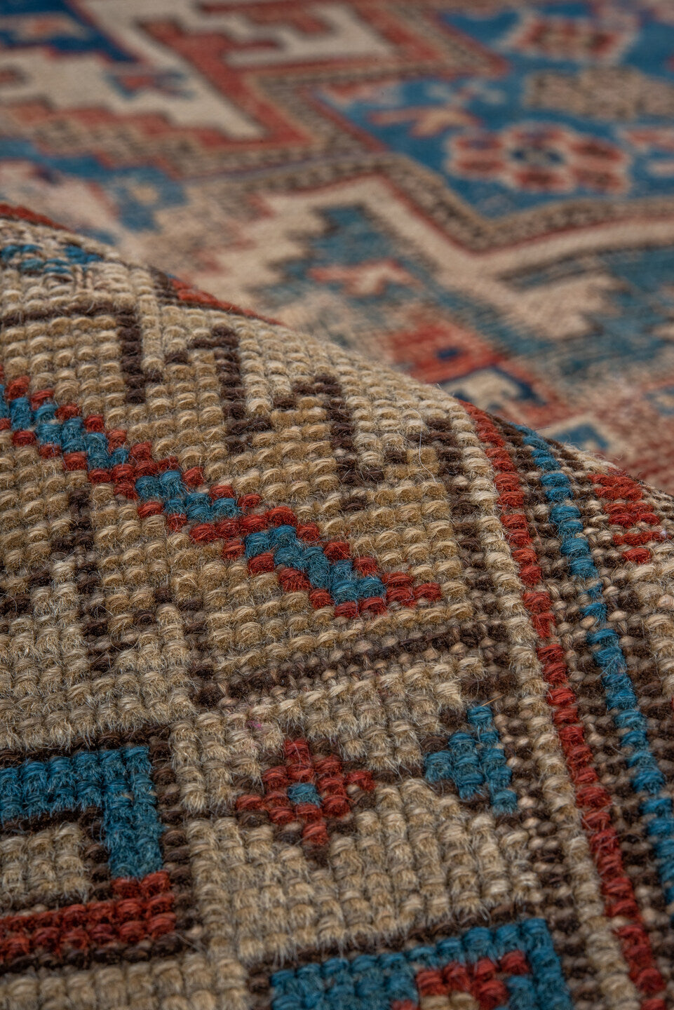 3' x 4' one-of-a-kind handmade vintage Shirvan small size rug. Color palette: ivory, turquoise, rust, navy, taupe, brown