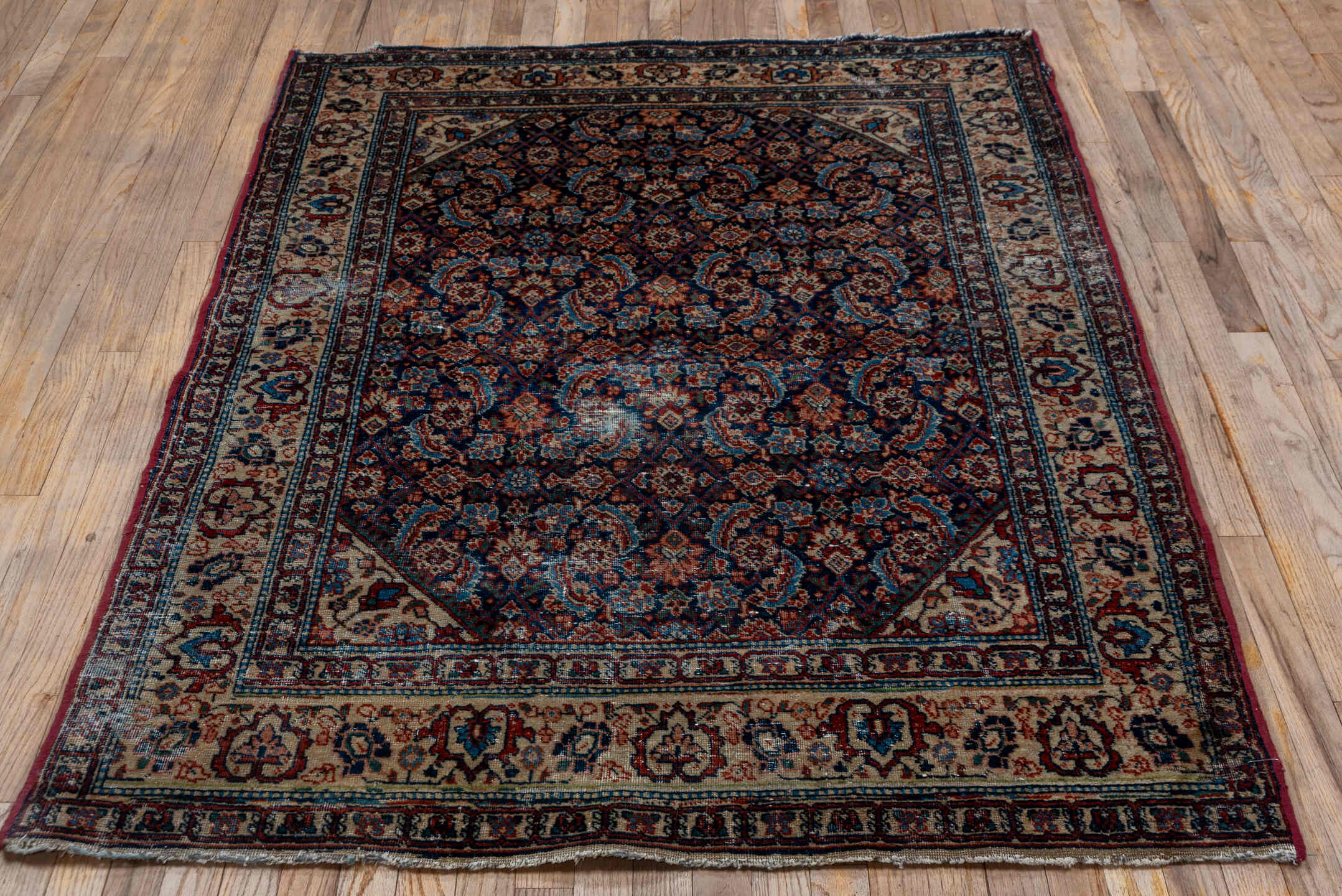 4' x 6' one-of-a-kind handmade vintage Malayer rug. Color palette: navy, ivory, rust, rose, burgundy, slate, camel, blue