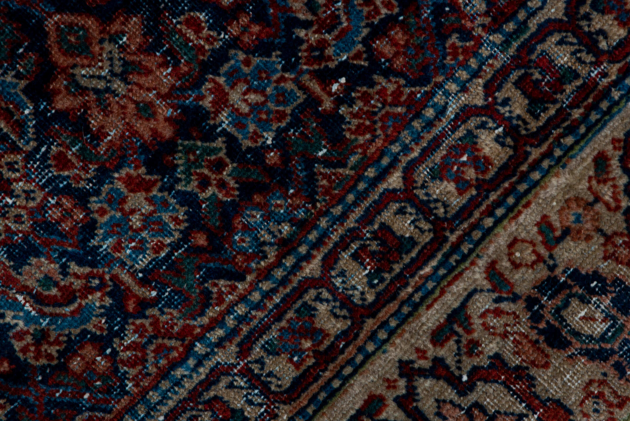 4' x 6' one-of-a-kind handmade vintage Malayer rug. Color palette: navy, ivory, rust, rose, burgundy, slate, camel, blue