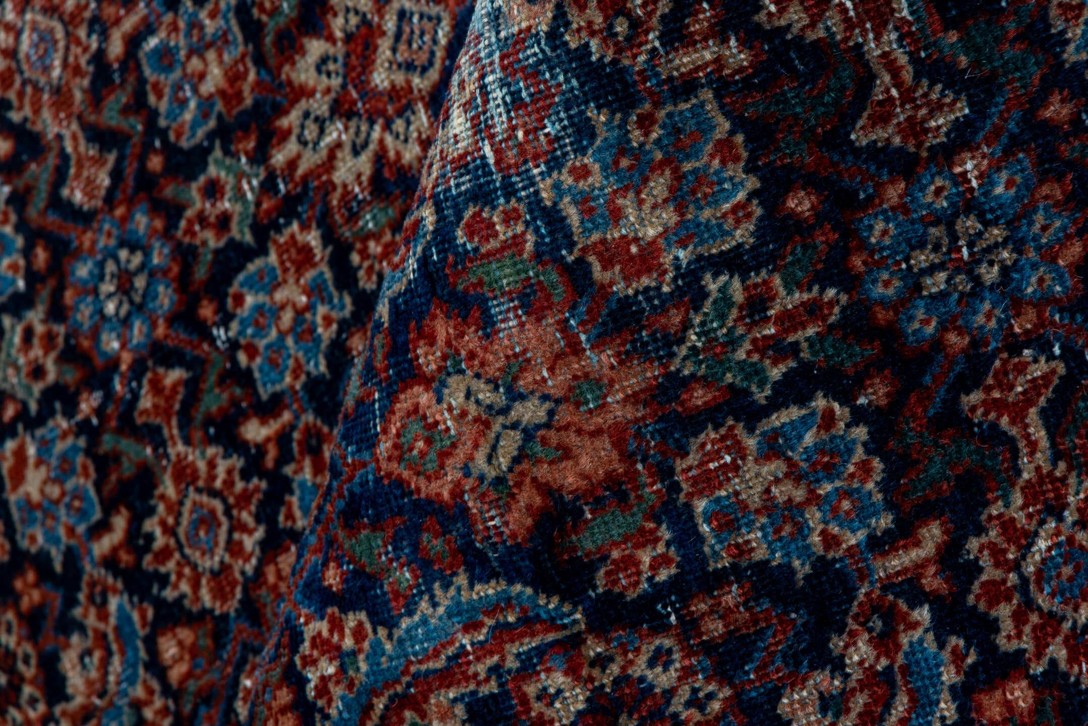 4' x 6' one-of-a-kind handmade vintage Malayer rug. Color palette: navy, ivory, rust, rose, burgundy, slate, camel, blue