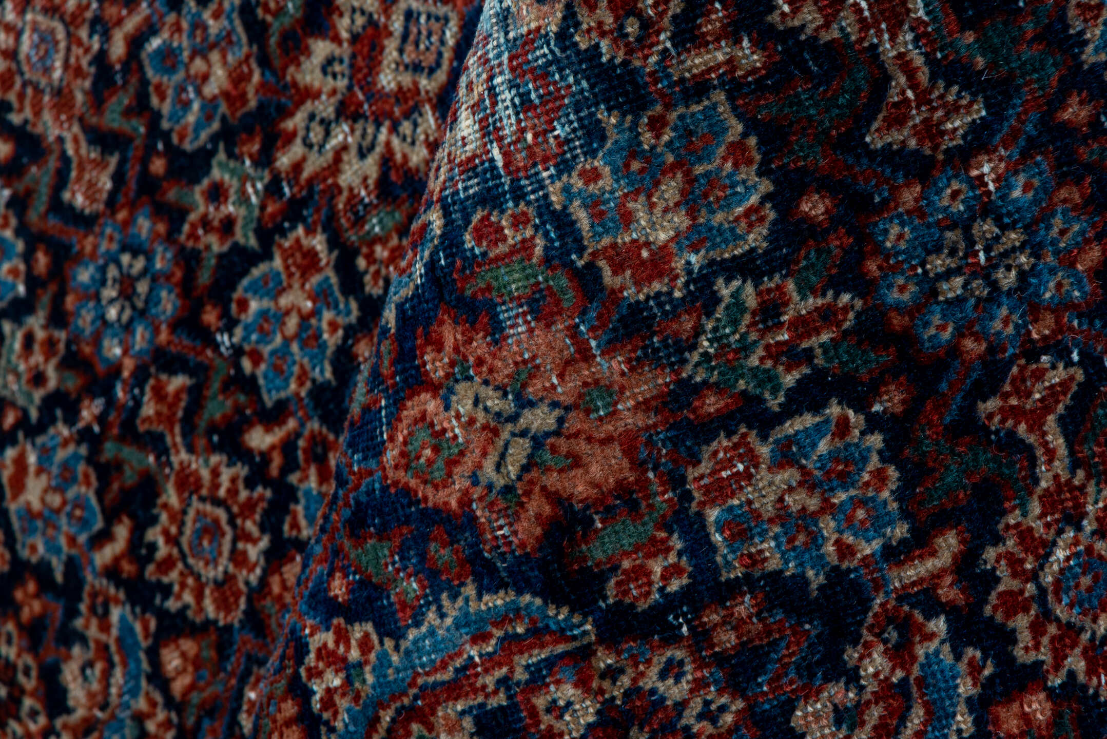 4' x 6' one-of-a-kind handmade vintage Malayer rug. Color palette: navy, ivory, rust, rose, burgundy, slate, camel, blue