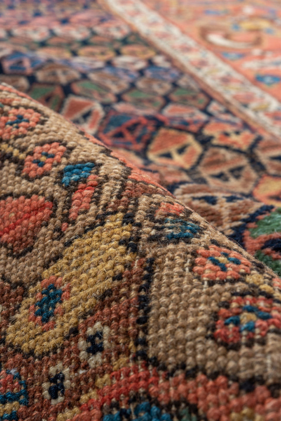 3' x 14' one-of-a-kind handmade antique Bidjar runner rug. Color palette: rust, brown, indigo, ivory, camel, navy