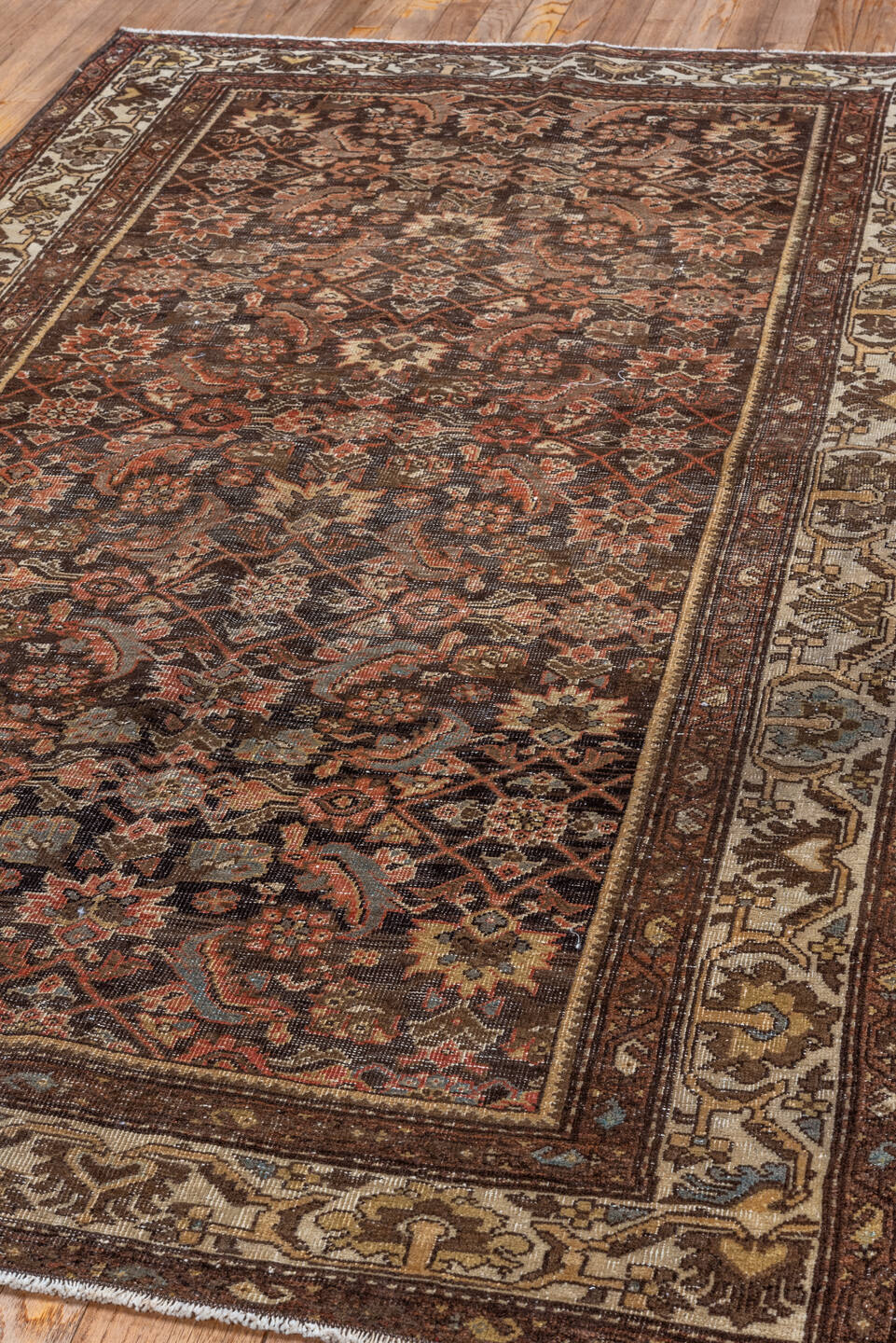 4' x 6' one-of-a-kind handmade vintage Far.Sarouk small size rug. Color palette: brown, ivory, rust, taupe, rose, charcoal