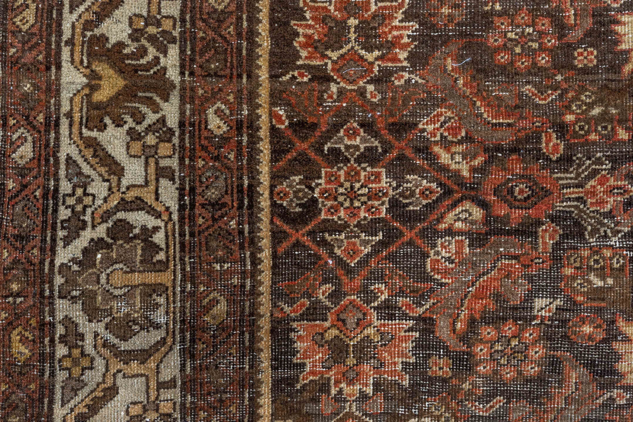 4' x 6' one-of-a-kind handmade vintage Far.Sarouk small size rug. Color palette: brown, ivory, rust, taupe, rose, charcoal