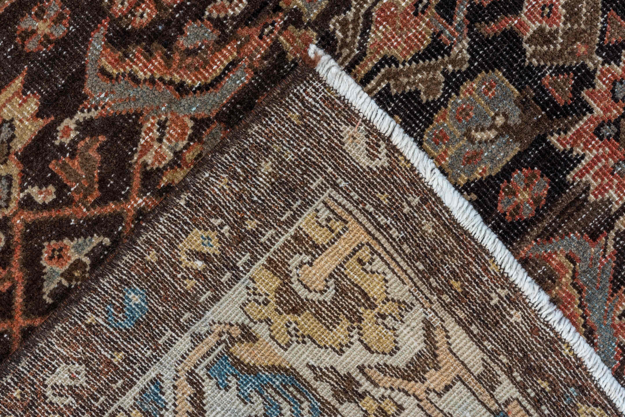 4' x 6' one-of-a-kind handmade vintage Far.Sarouk small size rug. Color palette: brown, ivory, rust, taupe, rose, charcoal