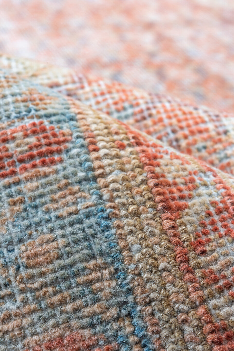 3' x 13' one-of-a-kind handmade vintage Mahal runner rug. Color palette: sky blue, ivory, coral, rust, peach, taupe