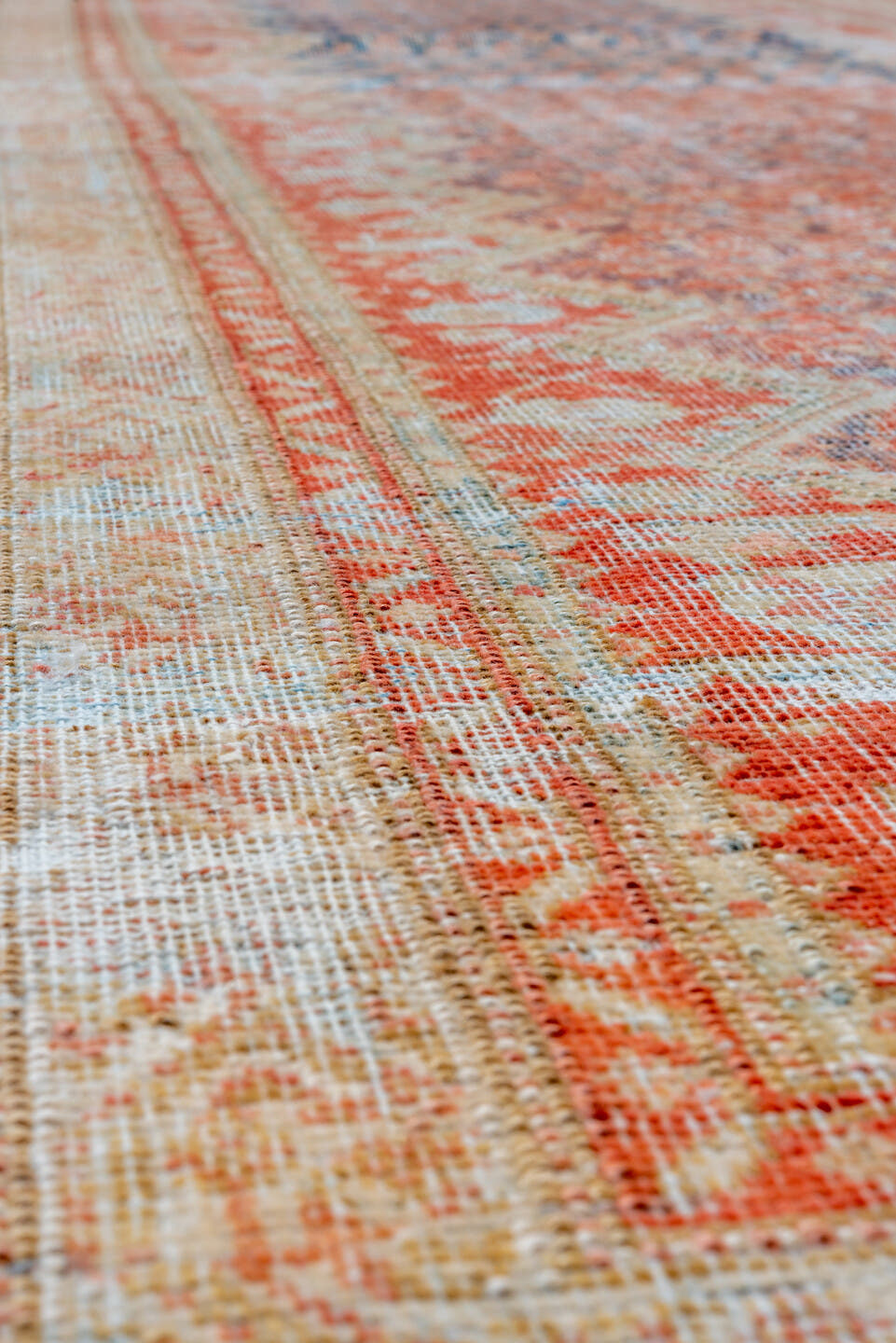 3' x 13' one-of-a-kind handmade vintage Mahal runner rug. Color palette: sky blue, ivory, coral, rust, peach, taupe