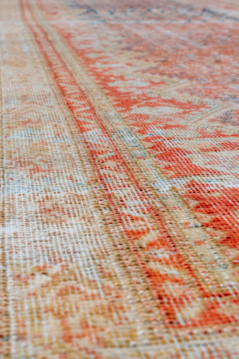 3' x 13' one-of-a-kind handmade vintage Mahal runner rug. Color palette: sky blue, ivory, coral, rust, peach, taupe