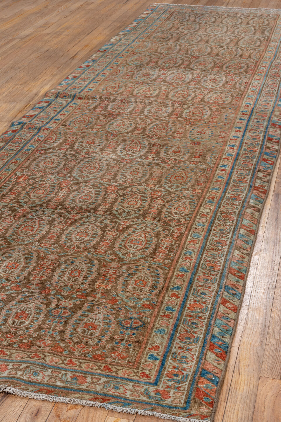 3' x 11' one-of-a-kind handmade vintage Malayer runner rug. Color palette: camel, ivory, sky blue, rust, terra cotta, brown