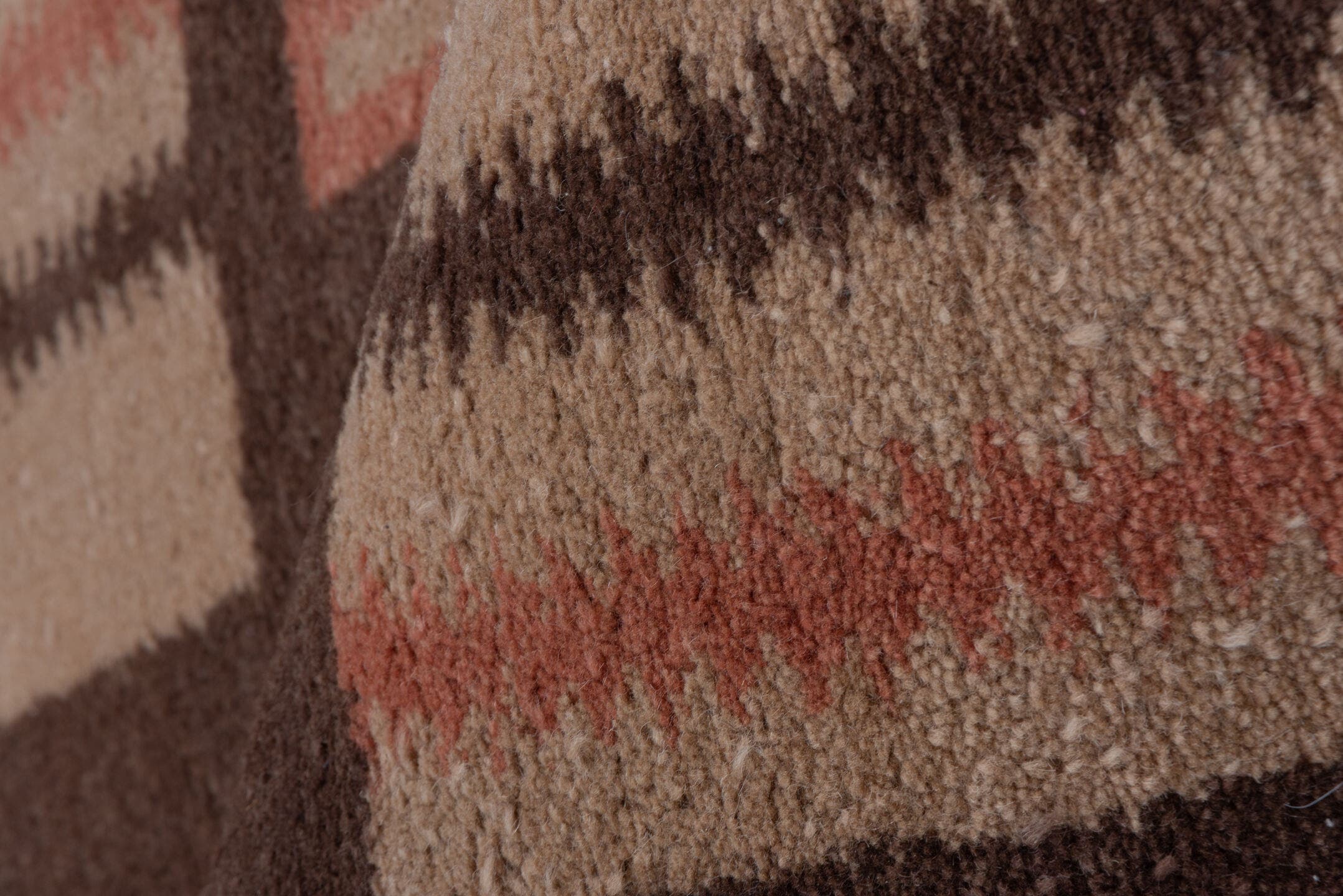 5' x 8' one-of-a-kind handmade vintage Art Deco medium size rug. Color palette: camel, chocolate_brown, rose, ivory, taupe