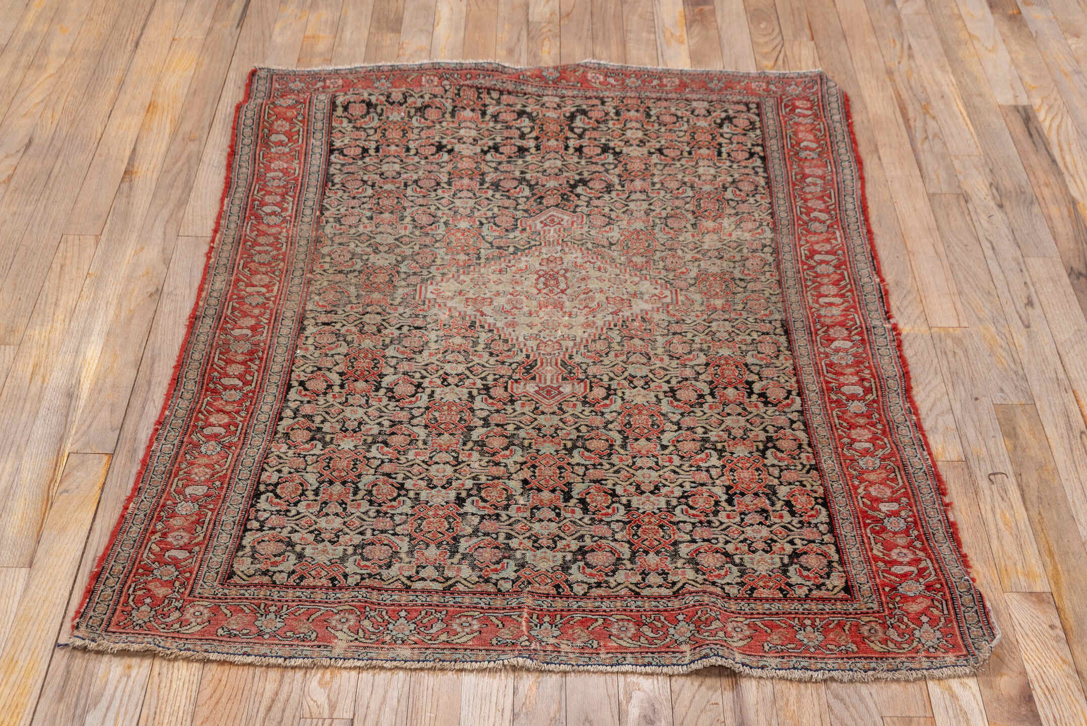 3' x 4' one-of-a-kind handmade vintage Senne small size rug. Color palette: brown, fire brick, pink, red, rosy brown