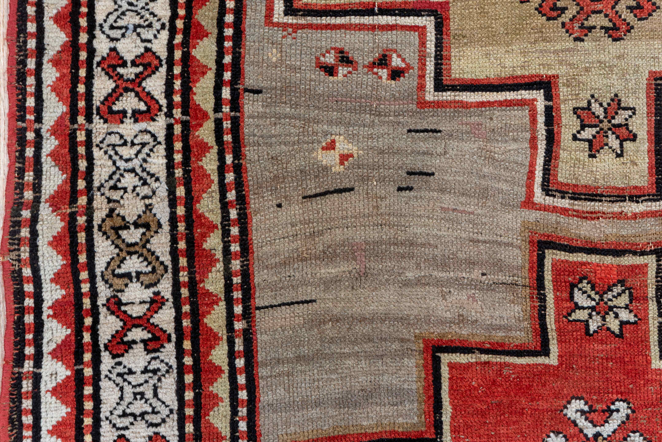 3' x 7' one-of-a-kind handmade vintage Shirvan runner rug. Color palette: taupe, rust, ivory, indigo, crimson, charcoal