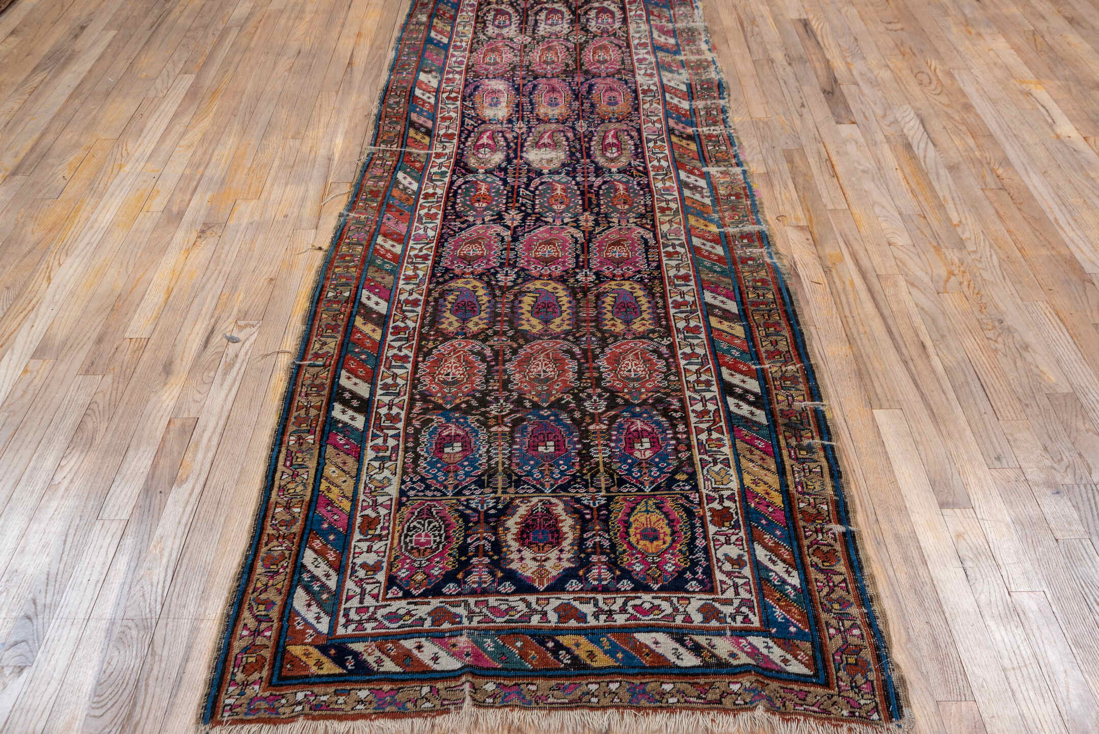 3' x 10' one-of-a-kind handmade vintage Shirvan runner rug. Color palette: black, blue, brown, fiord, gray, light gray