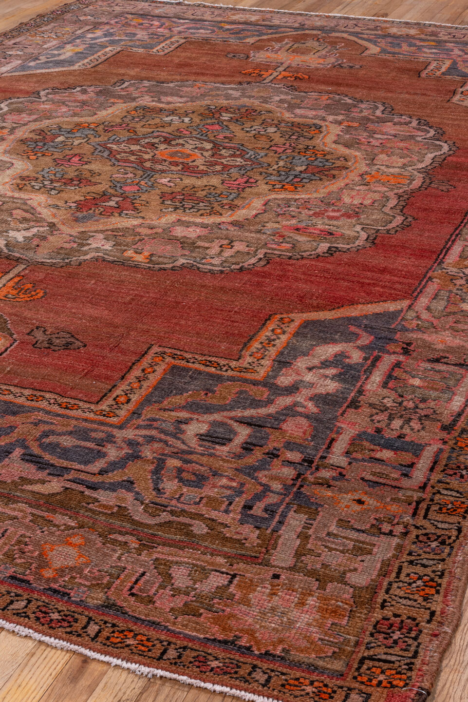7' x 11' one-of-a-kind handmade vintage Kars large size rug. Color palette: rose, terra cotta, taupe, slate, ivory, rust