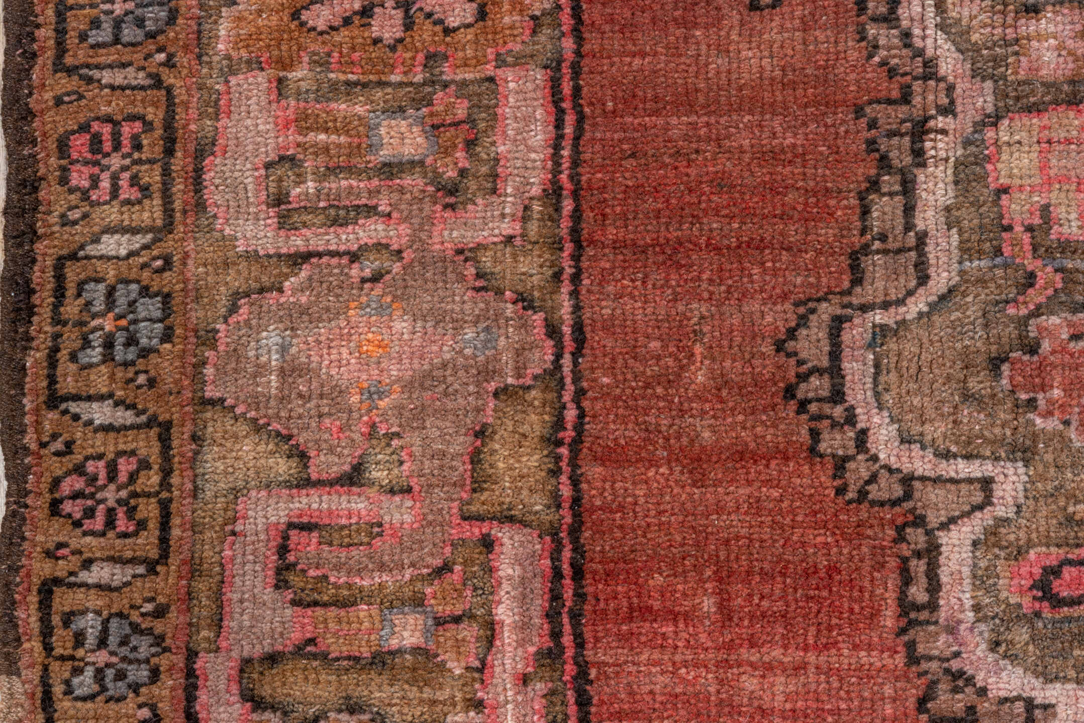 7' x 11' one-of-a-kind handmade vintage Kars large size rug. Color palette: rose, terra cotta, taupe, slate, ivory, rust