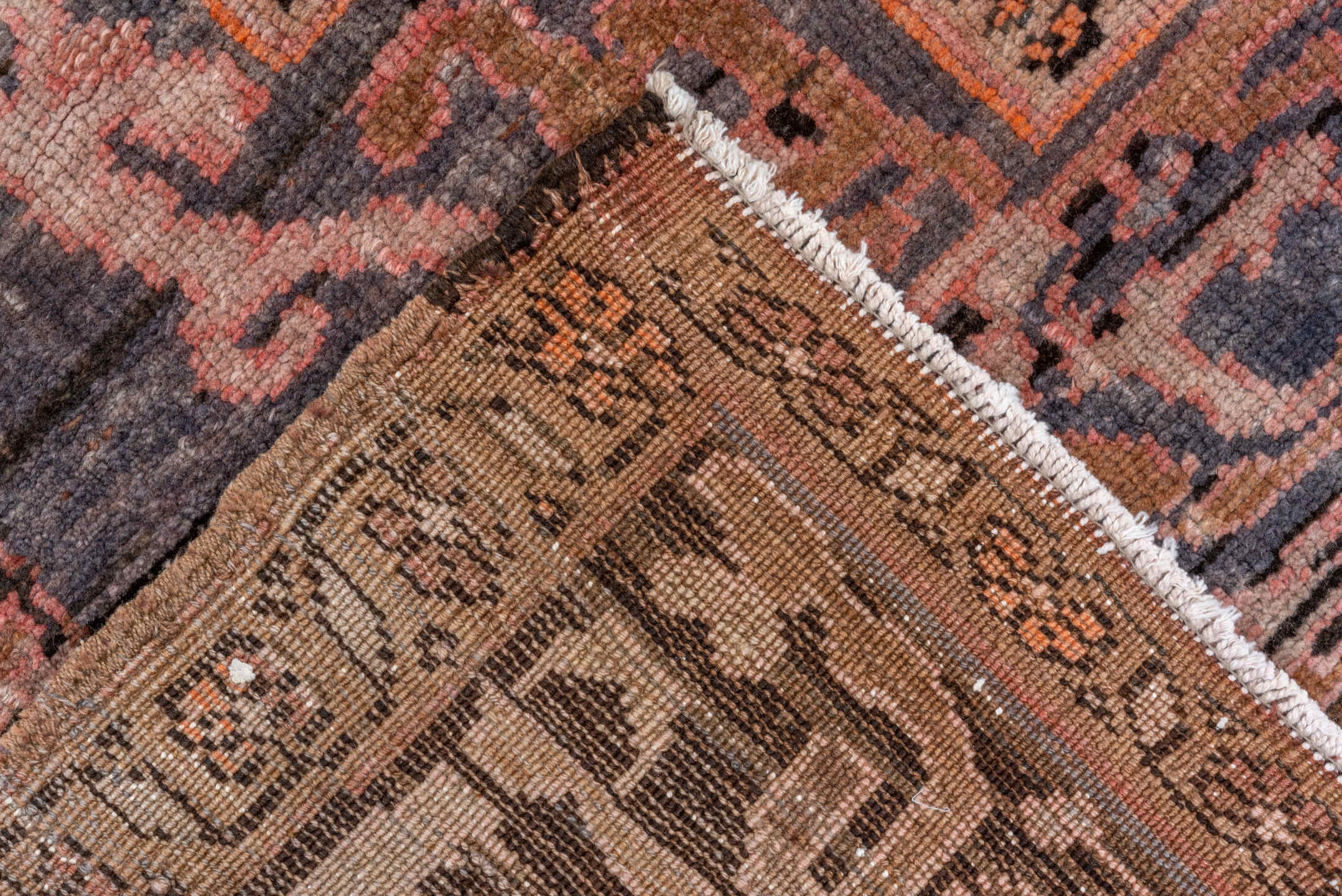 7' x 11' one-of-a-kind handmade vintage Kars large size rug. Color palette: rose, terra cotta, taupe, slate, ivory, rust
