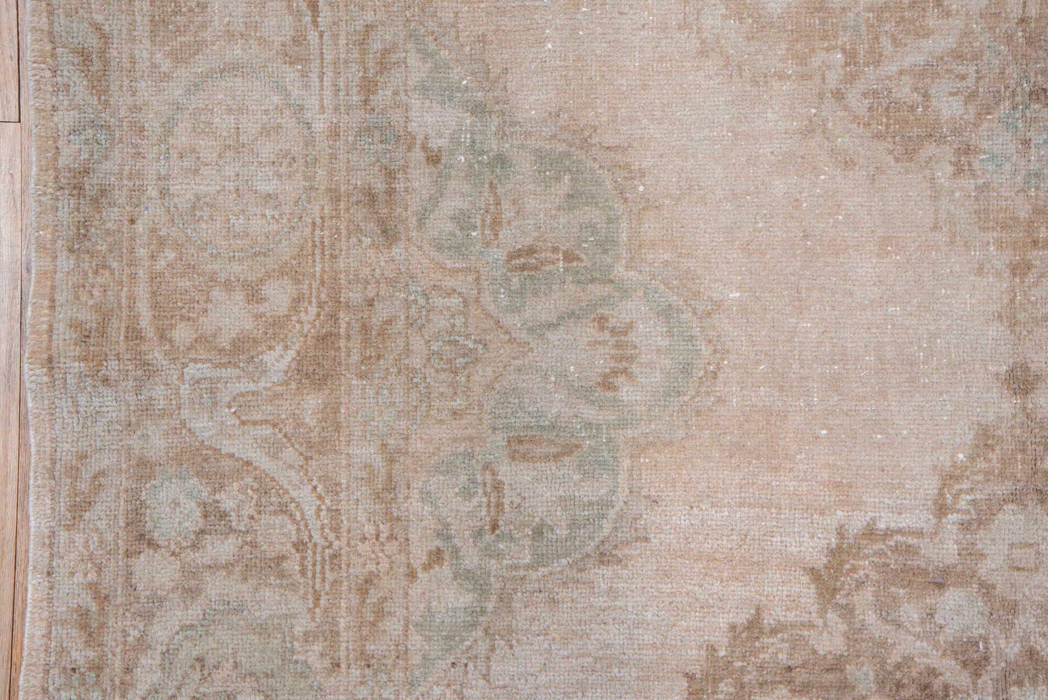 5' x 13' one-of-a-kind handmade vintage Oushak rug. Color palette: blush, beige, taupe, ivory, sage, sand, pink, gray, green