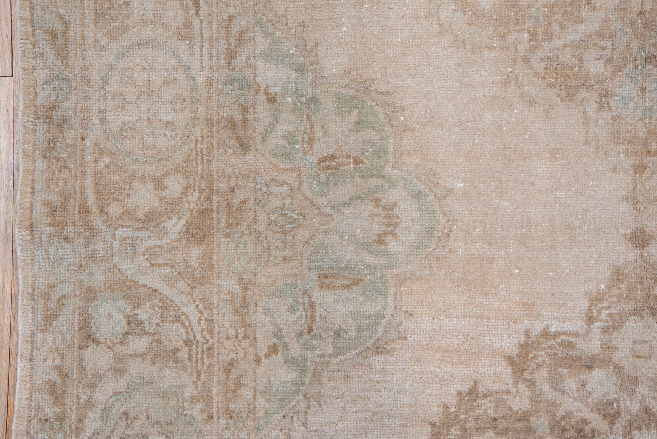 5' x 13' one-of-a-kind handmade vintage Oushak rug. Color palette: blush, beige, taupe, ivory, sage, sand, pink, gray, green