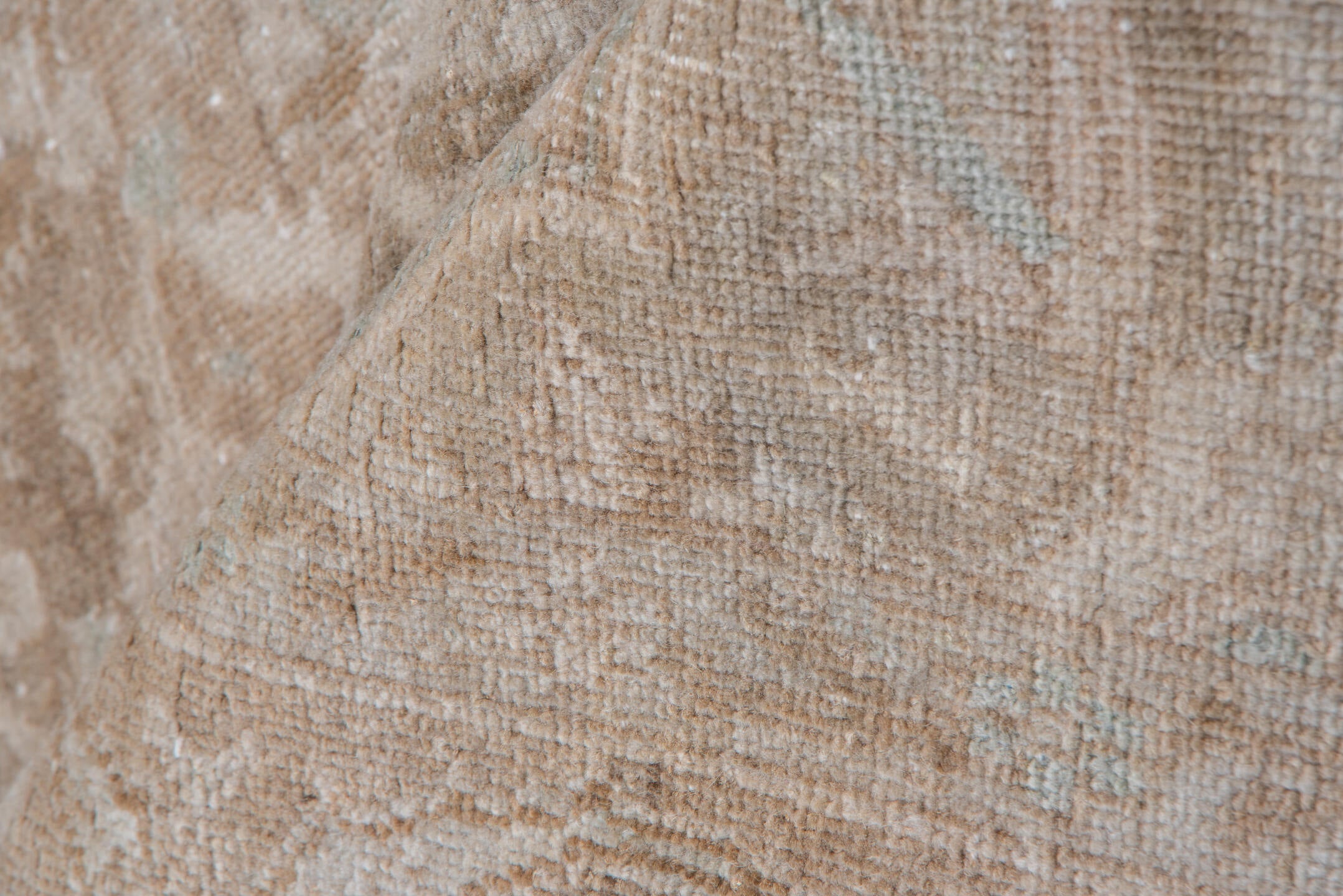 5' x 13' one-of-a-kind handmade vintage Oushak rug. Color palette: brown, gray, light gray, off-white, orange, pink, snow