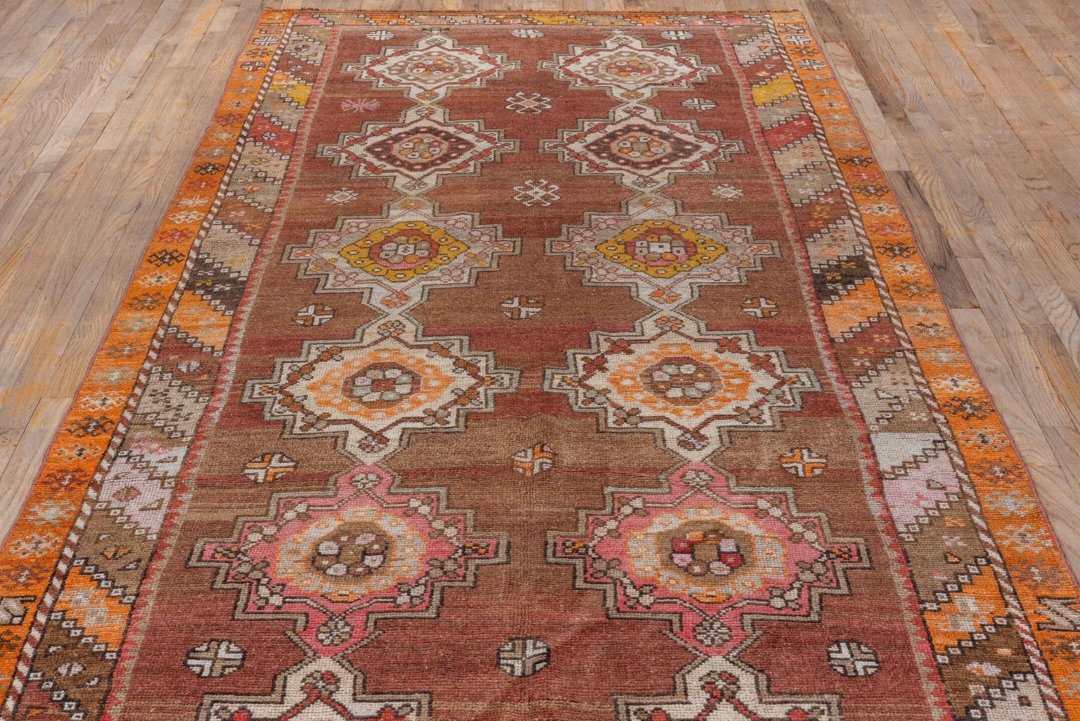 5' x 12' one-of-a-kind handmade vintage Kars runner rug. Color palette: rust, terra cotta, ivory, orange, taupe, gold, rose