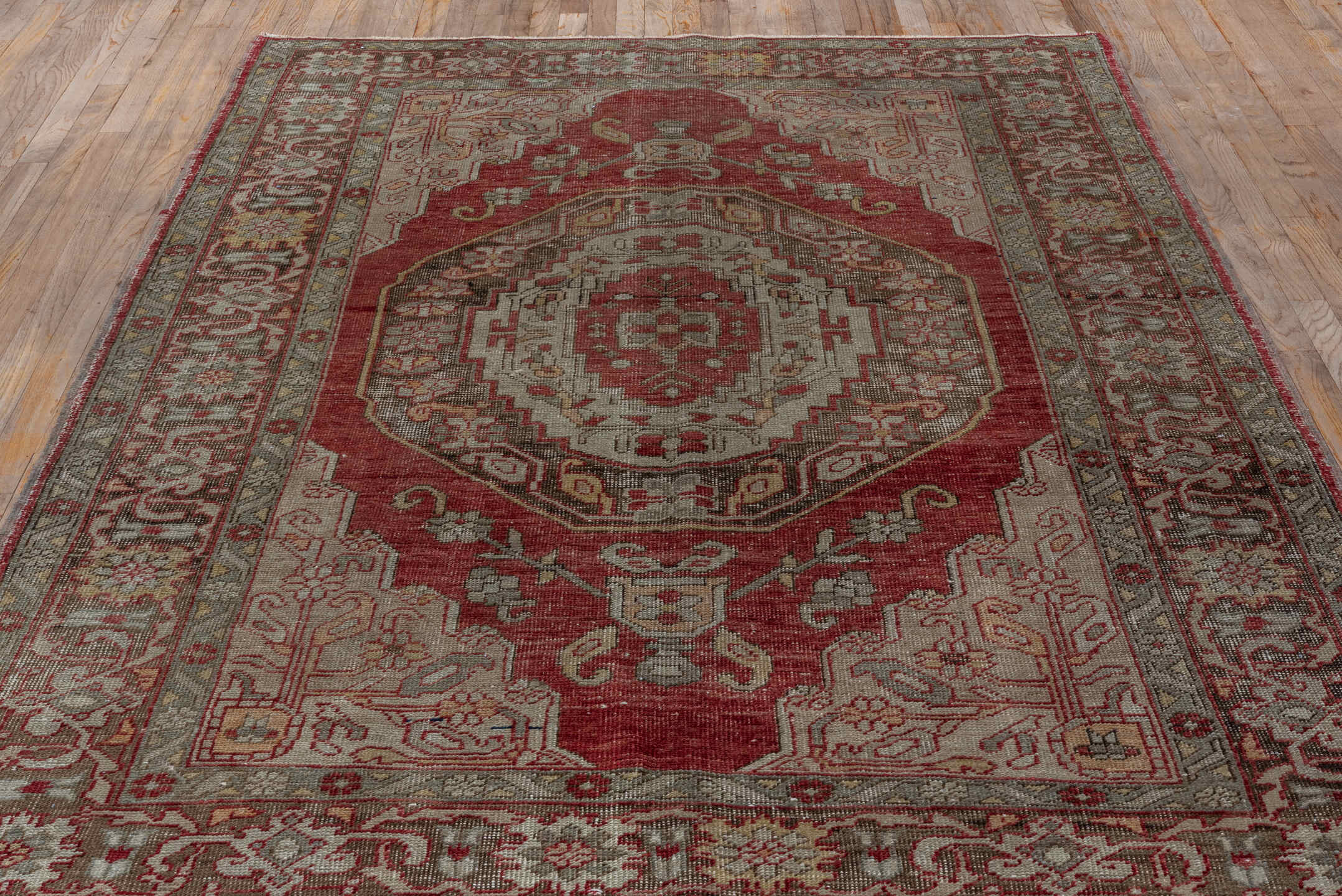 5' x 8' one-of-a-kind handmade vintage Oushak medium size rug. Color palette: red, ivory, taupe, rose, brown, sage, beige