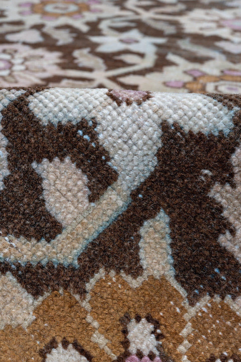3' x 18' one-of-a-kind handmade vintage Karabagh runner rug. Color palette: ivory, brown, taupe, rose, lavender, gold, beige