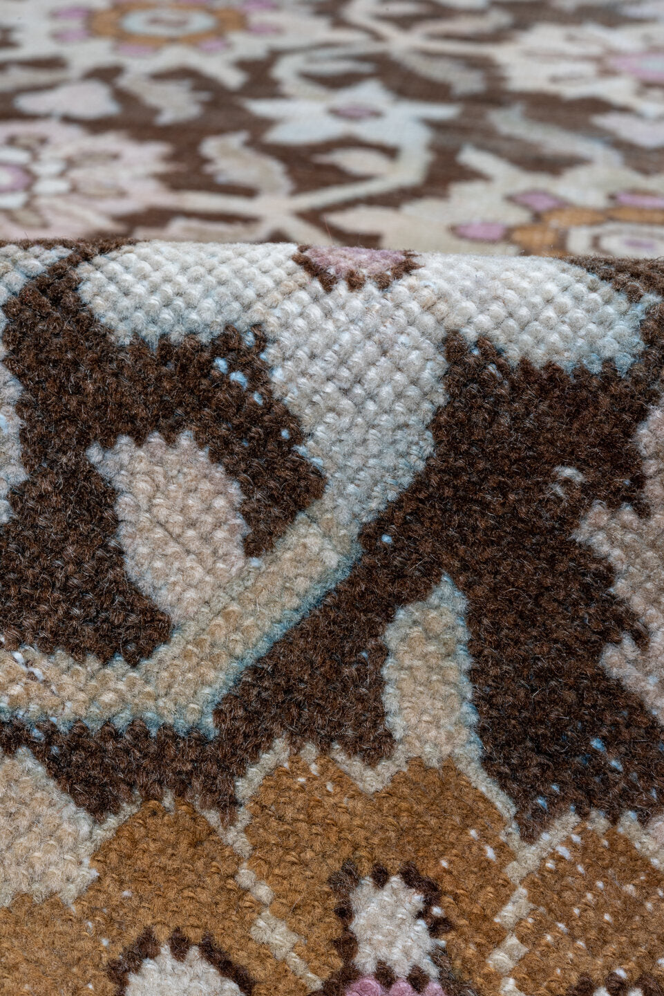 3' x 18' one-of-a-kind handmade vintage Karabagh runner rug. Color palette: ivory, brown, taupe, rose, lavender, gold, beige