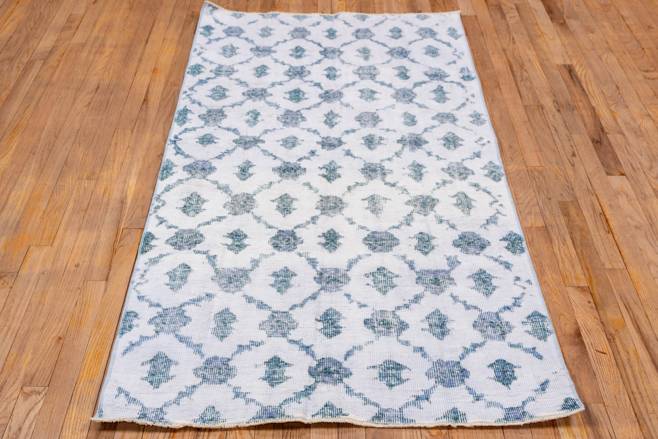 3' x 6' one-of-a-kind handmade vintage Oushak runner rug. Color palette: ivory, sky blue, slate, pale blue, light blue, gray