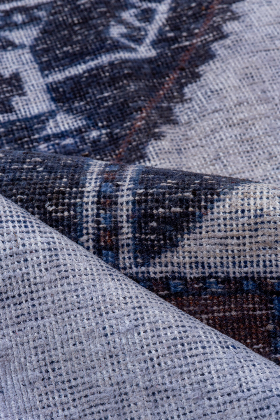 3' x 12' one-of-a-kind handmade vintage Oushak runner rug. Color palette: blue, gray, light blue, light gray, off-white