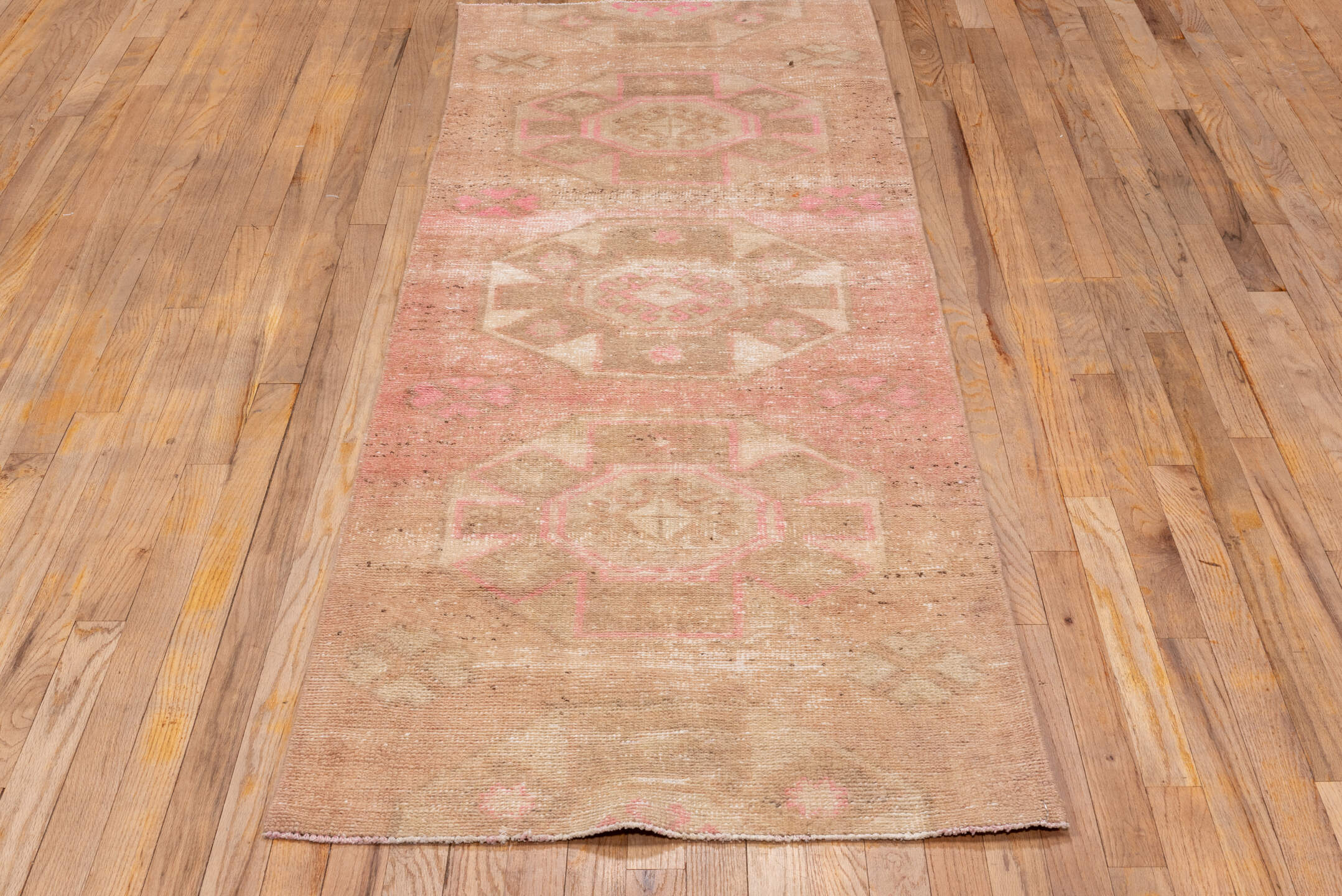 2' x 8' one-of-a-kind handmade vintage Oushak runner rug. Color palette: brown, light gray, off-white, orange, pink, snow