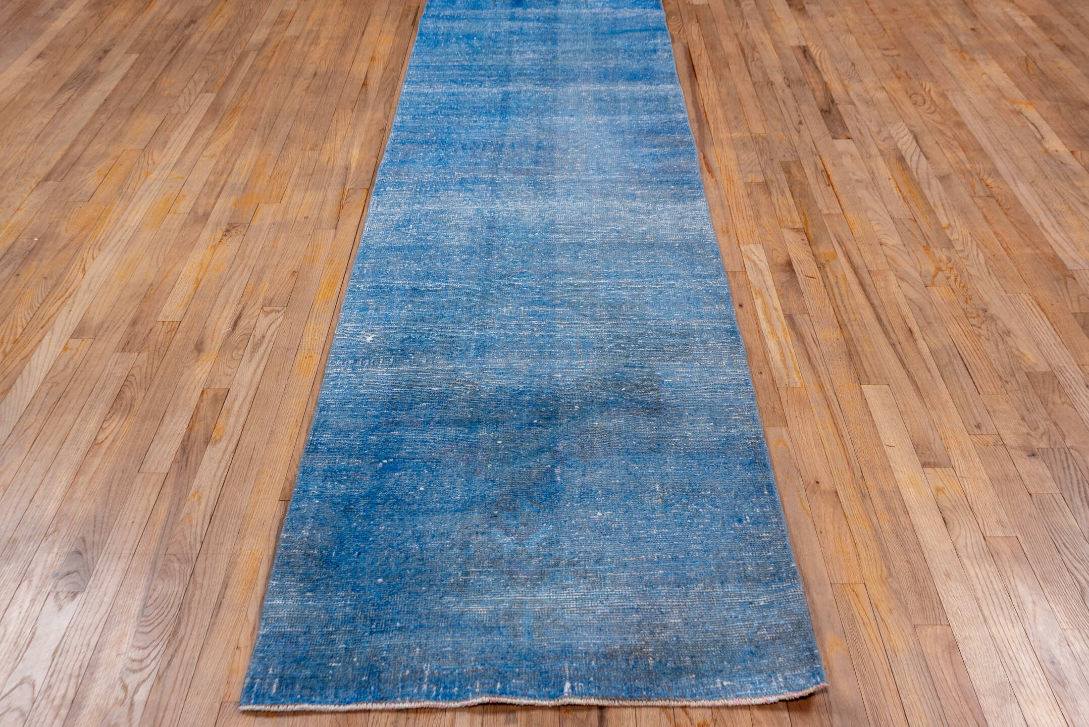 3' x 12' one-of-a-kind handmade vintage Overdyed runner rug. Color palette: blue, gray, light blue, light gray, off-white