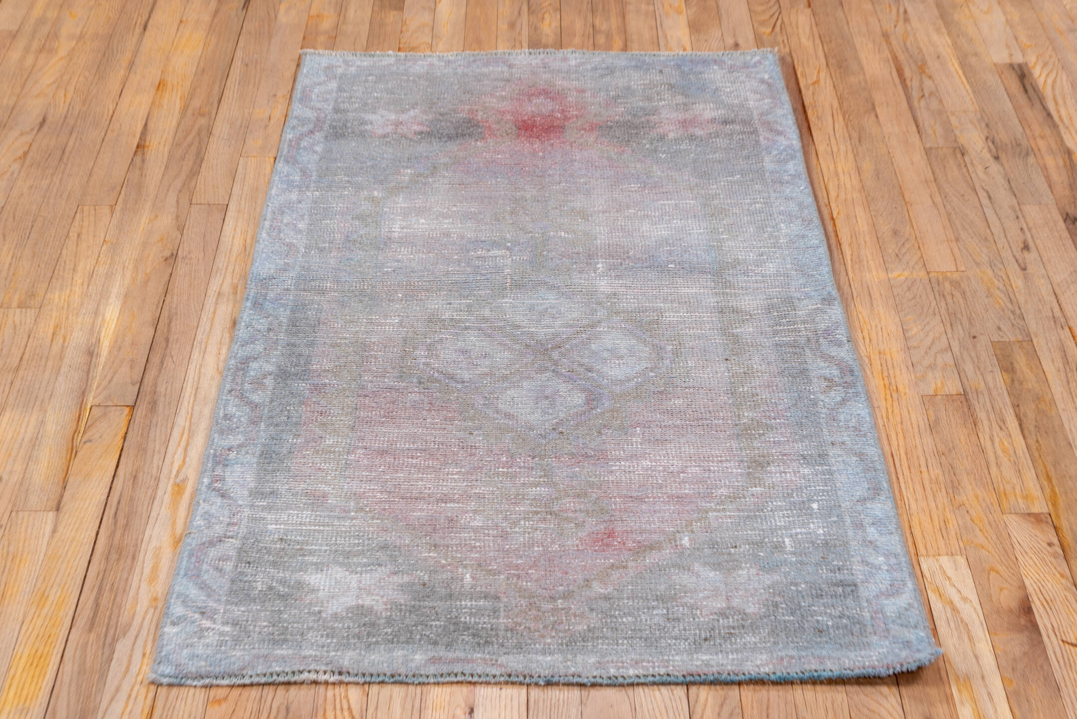 2' x 5' one-of-a-kind handmade vintage Oushak small size rug. Color palette: taupe, blush, gray, ivory, rose, beige, pink